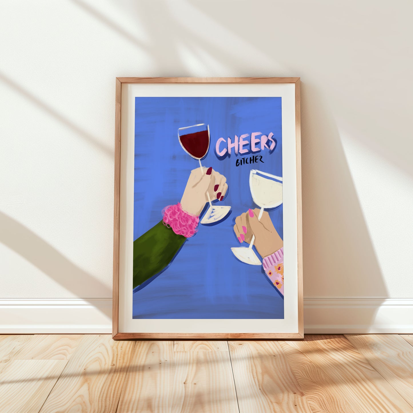 Cheers Art Print with colourful illustrations of alcoholic beverages for kitchen decor.