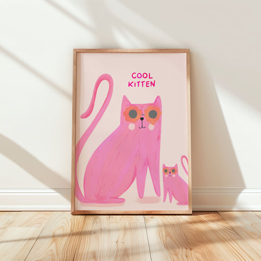 Pink cat "cool kitten" kids art print