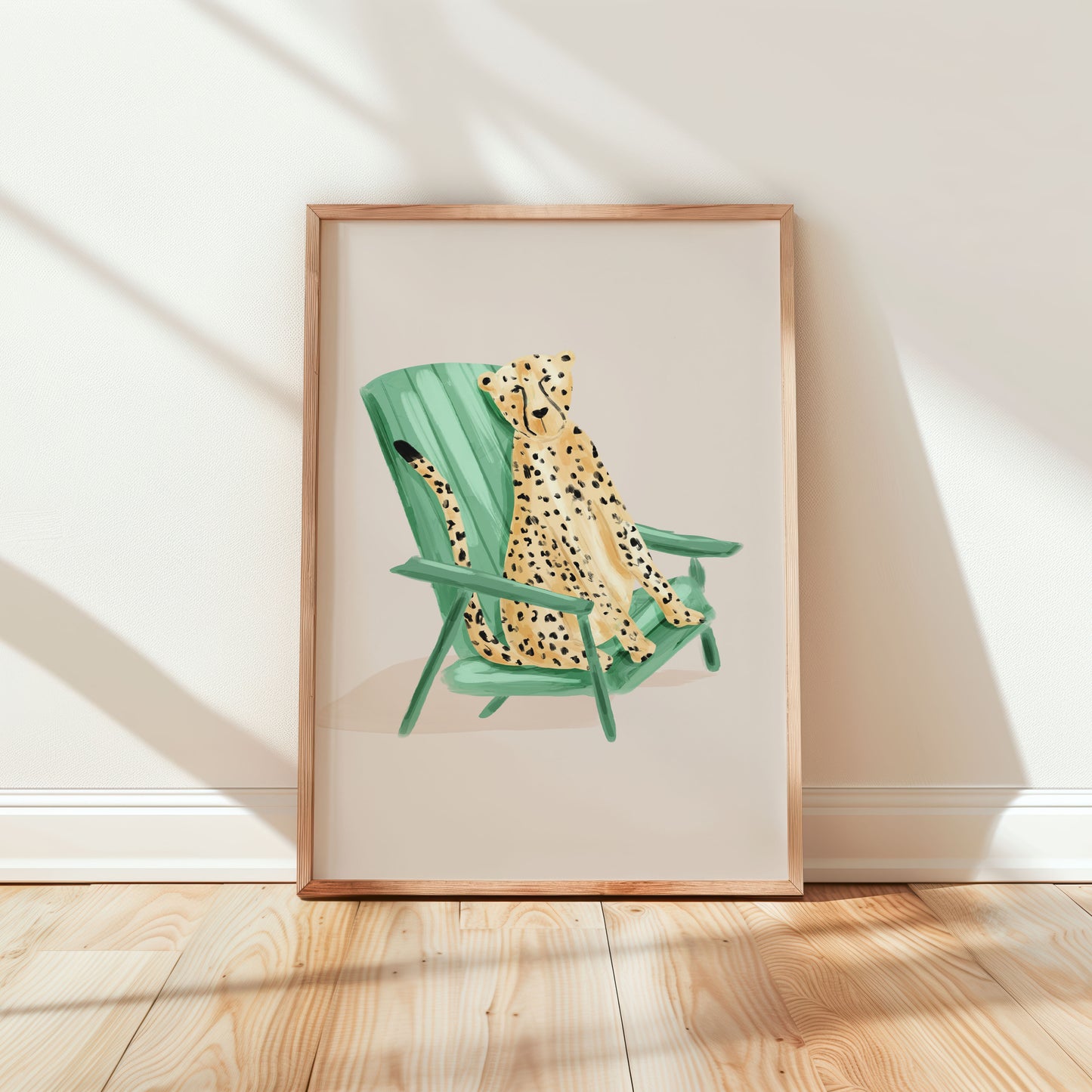 Kids art print featuring a painted leopard sitting on a mint green deck chair