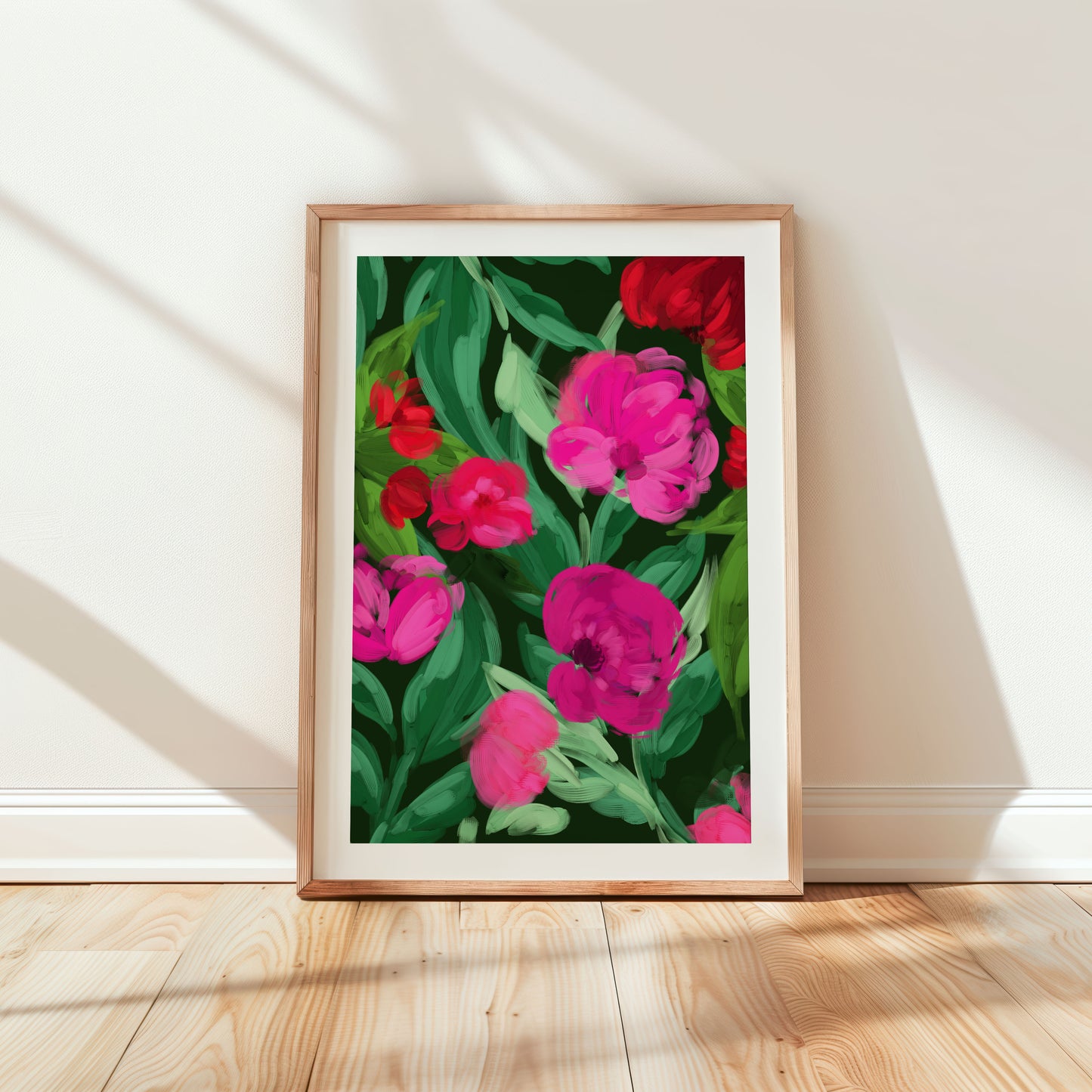 Vivid pink and red flowers with lush green leaves set against a dark green background, inspired by jungle foliage.