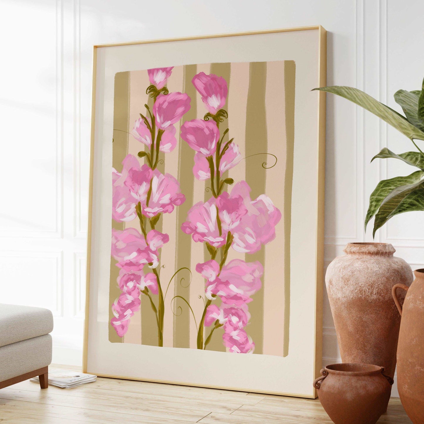 Colourful April birth flower art print featuring painted pink sweet pea flowers on a striped olive green background.