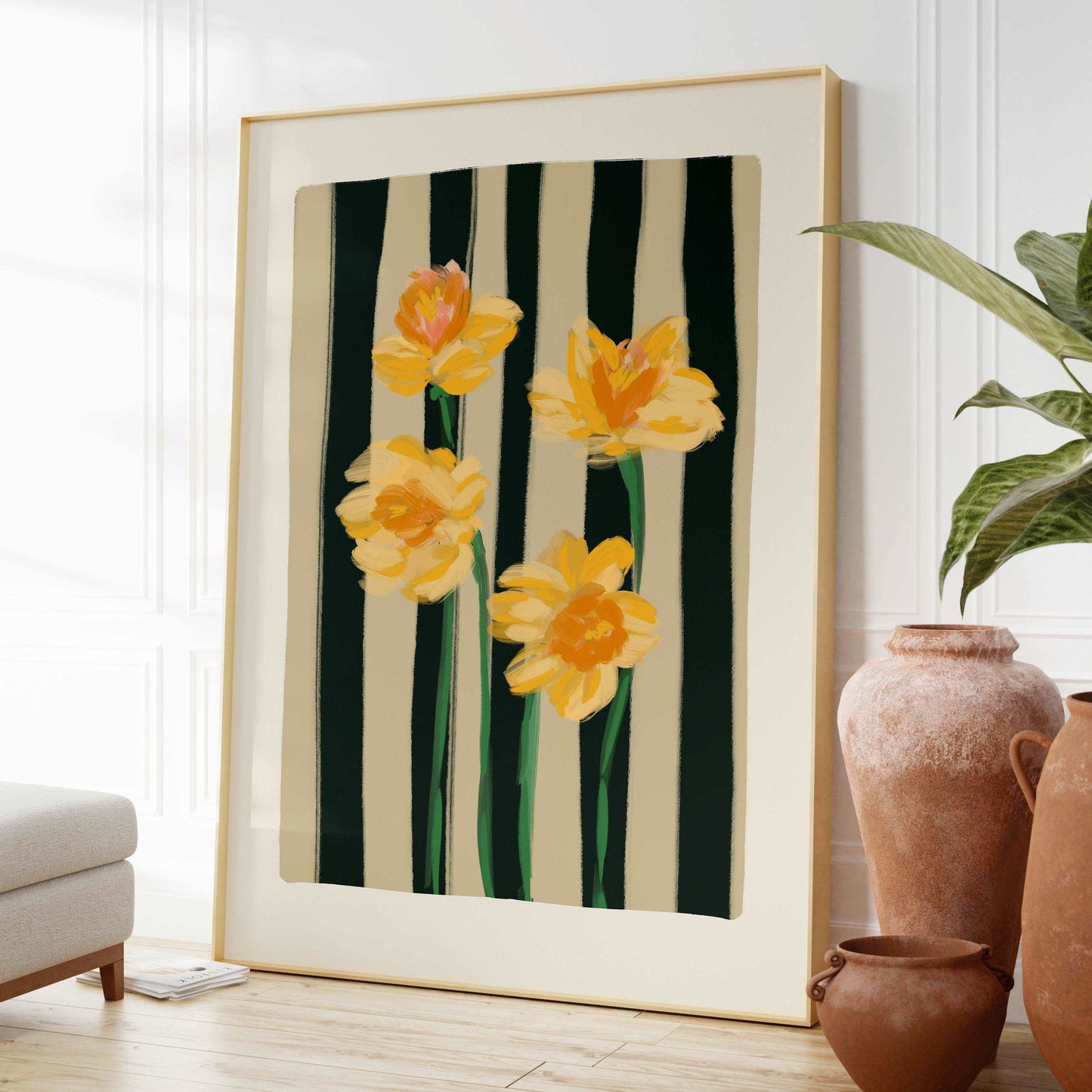 Yellow Narcissus flowers art print on a striped navy and cream background.