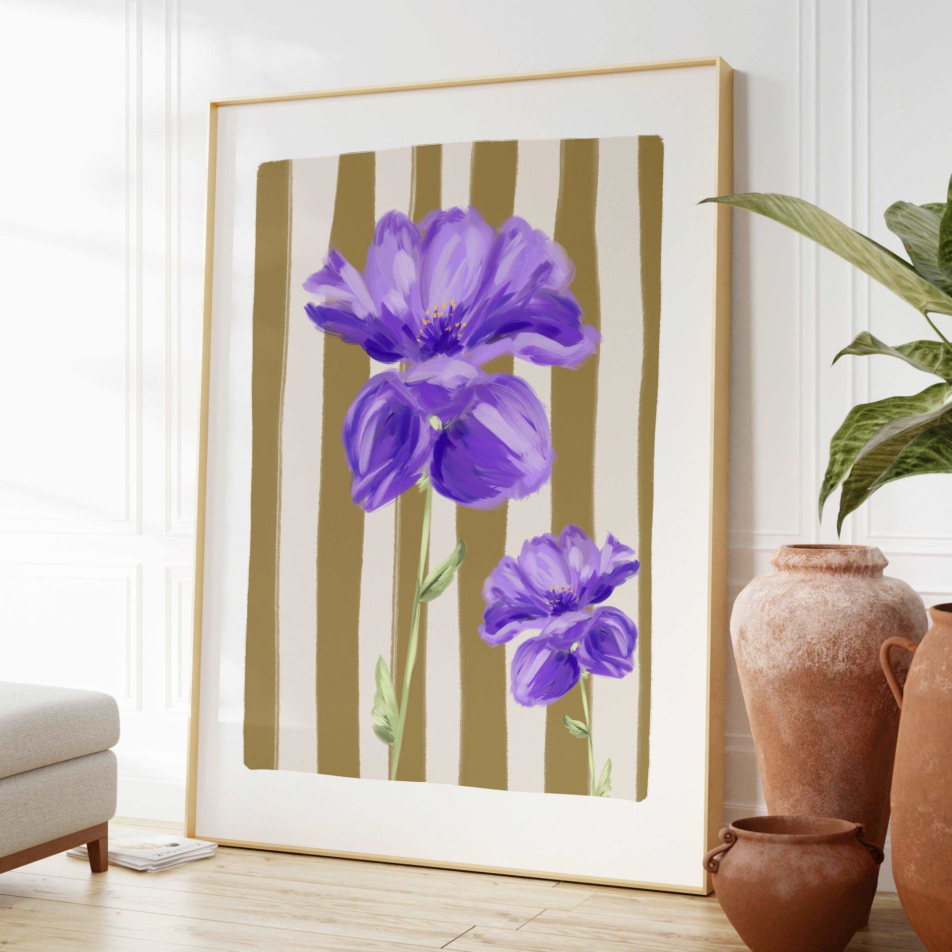 Violet flower painterly art print on a light olive and cream striped background