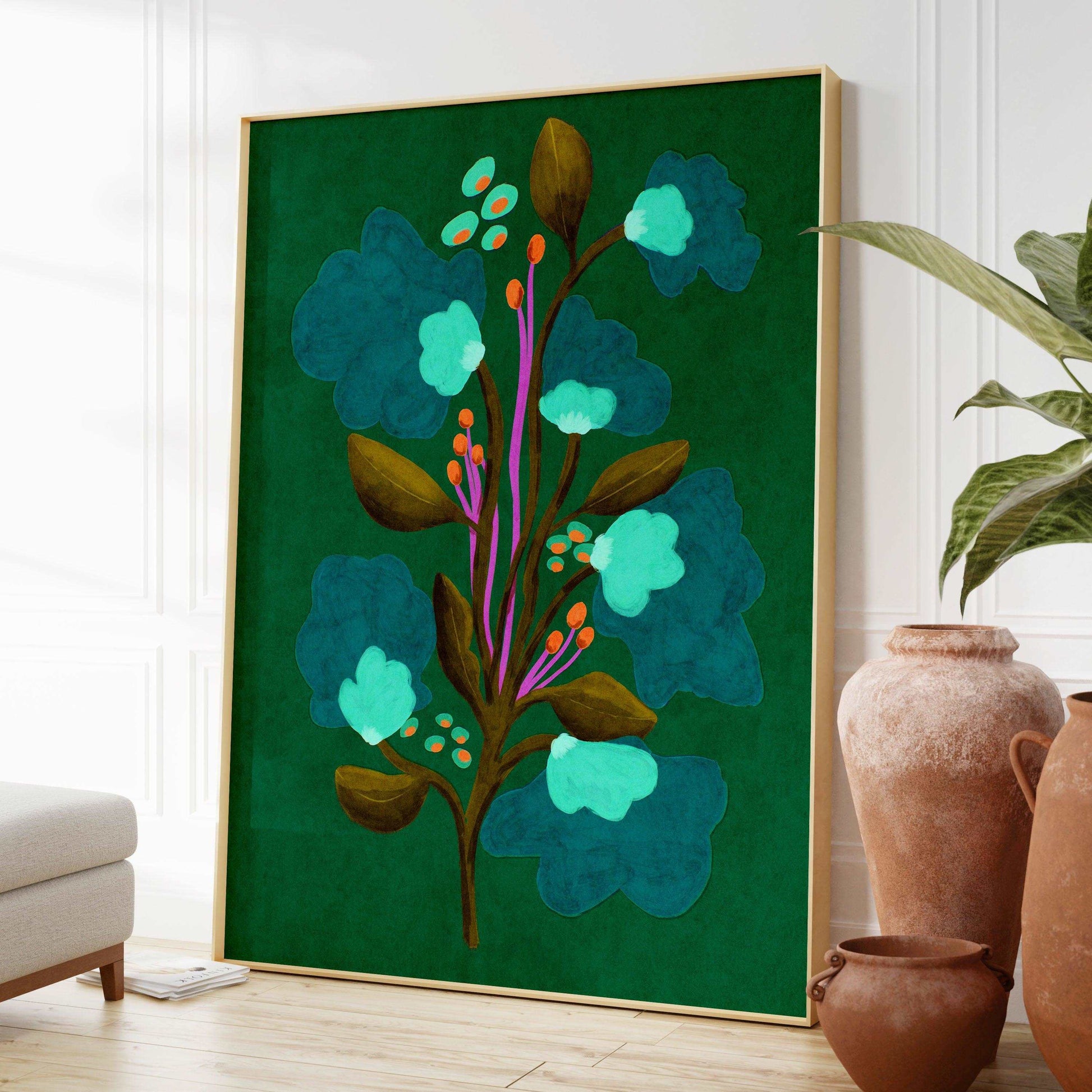 Green abstract floral wall art print mockup