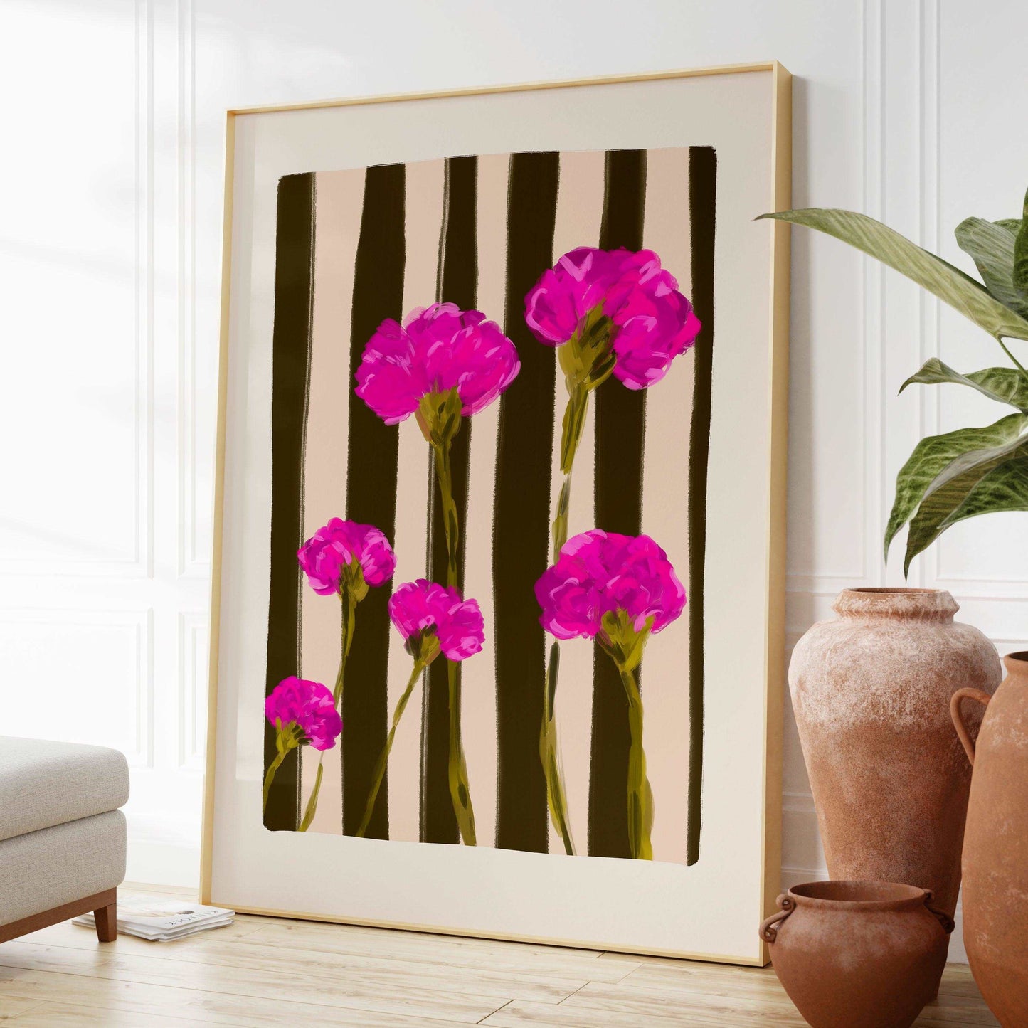 Pink Carnation flowers art print on a striped dark green and cream background.