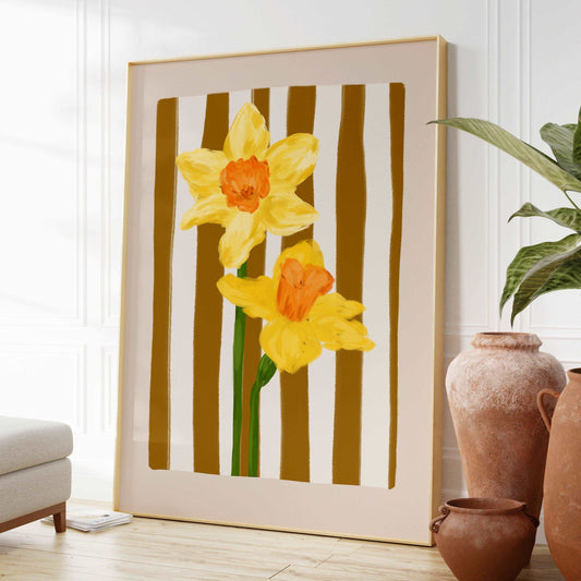 Daffodil painterly art print on a striped mocha background