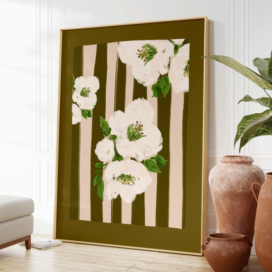 Painted hawthorn flowers art print on a green and cream striped background