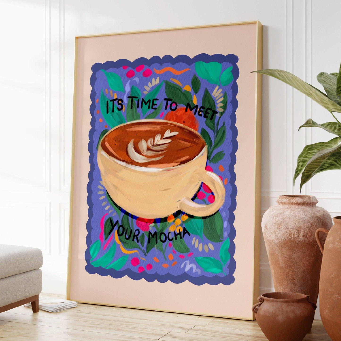 Mocha Coffee kitchen art print. A painted coffee mug on a bright floral background with words "its time to meet your mocha"