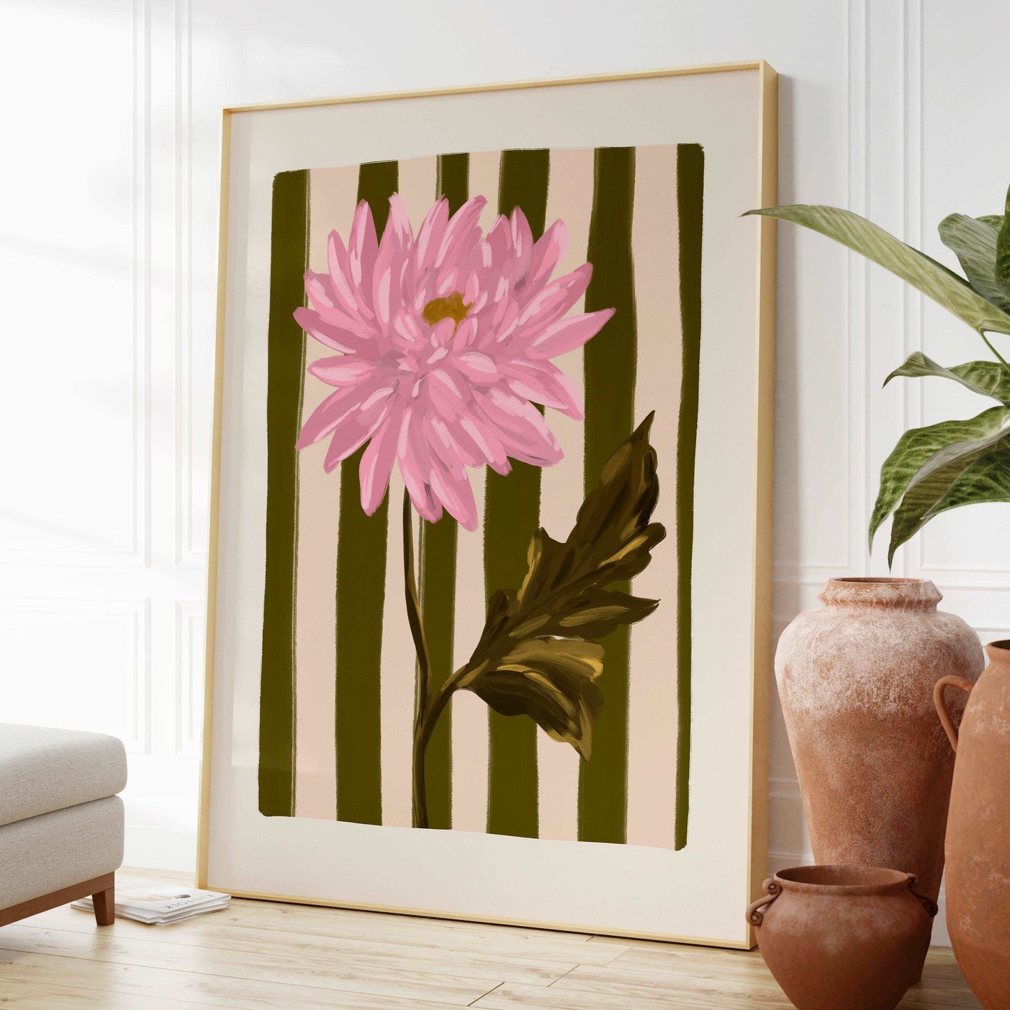 Pink Chrysanthemum flower art print on an olive green and cream striped background.