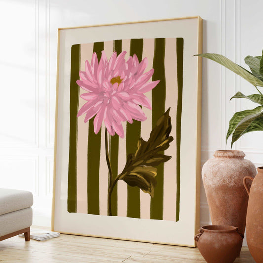 Pink Chrysanthemum flower art print on an olive green and cream striped background.