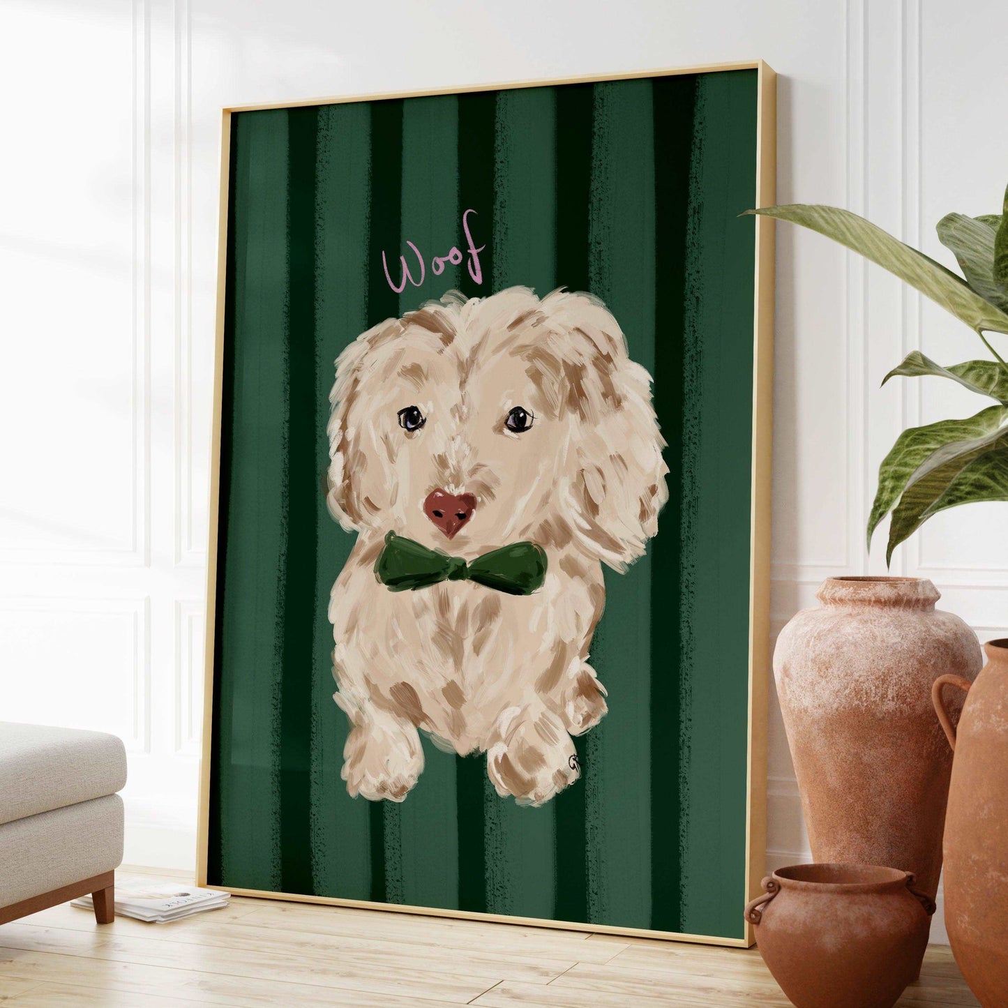 Painterly long-haired sausage dog art print with "woof" handwritten in pink on a green striped background