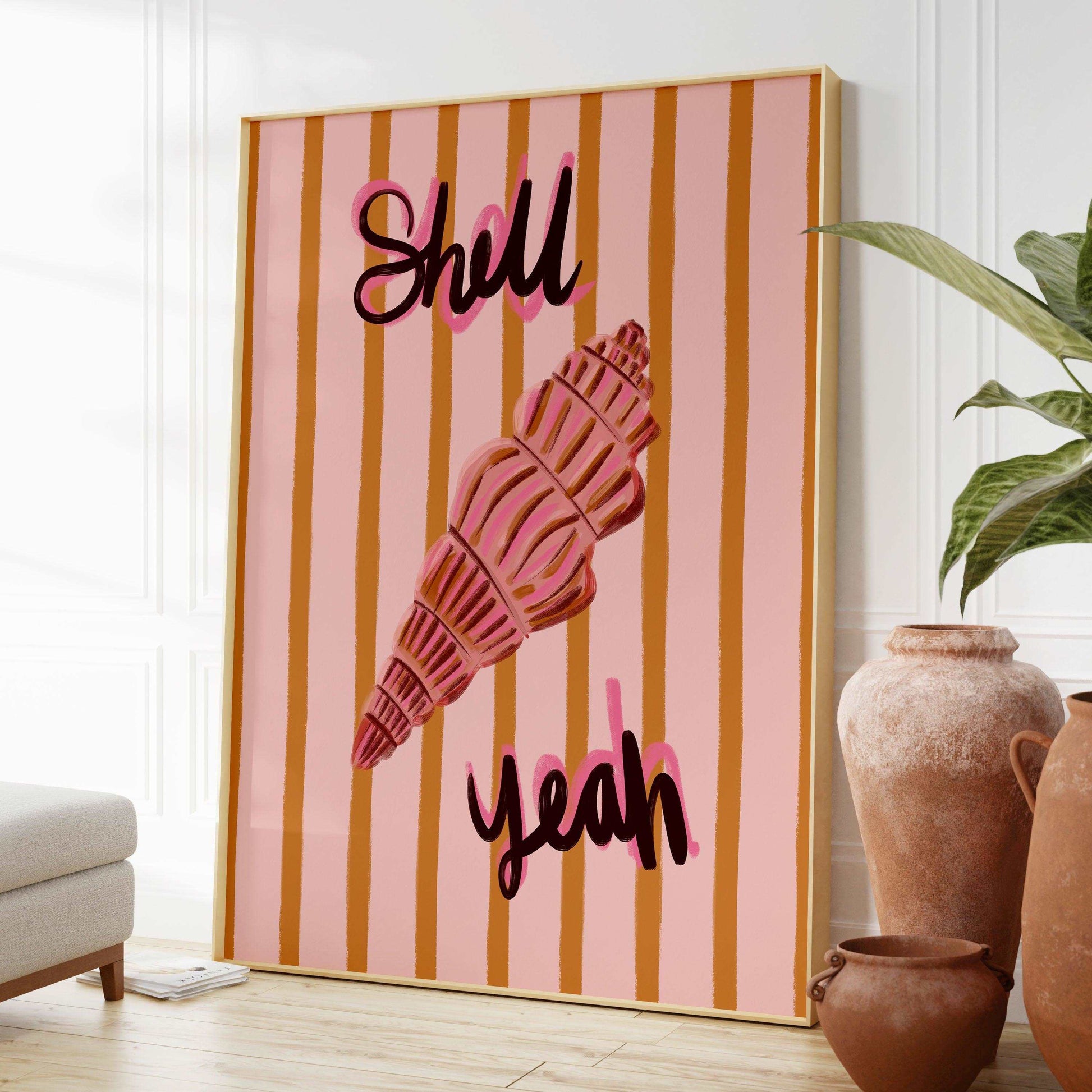 Colourful painterly shell art print with the words "Shell yeah" handwritten