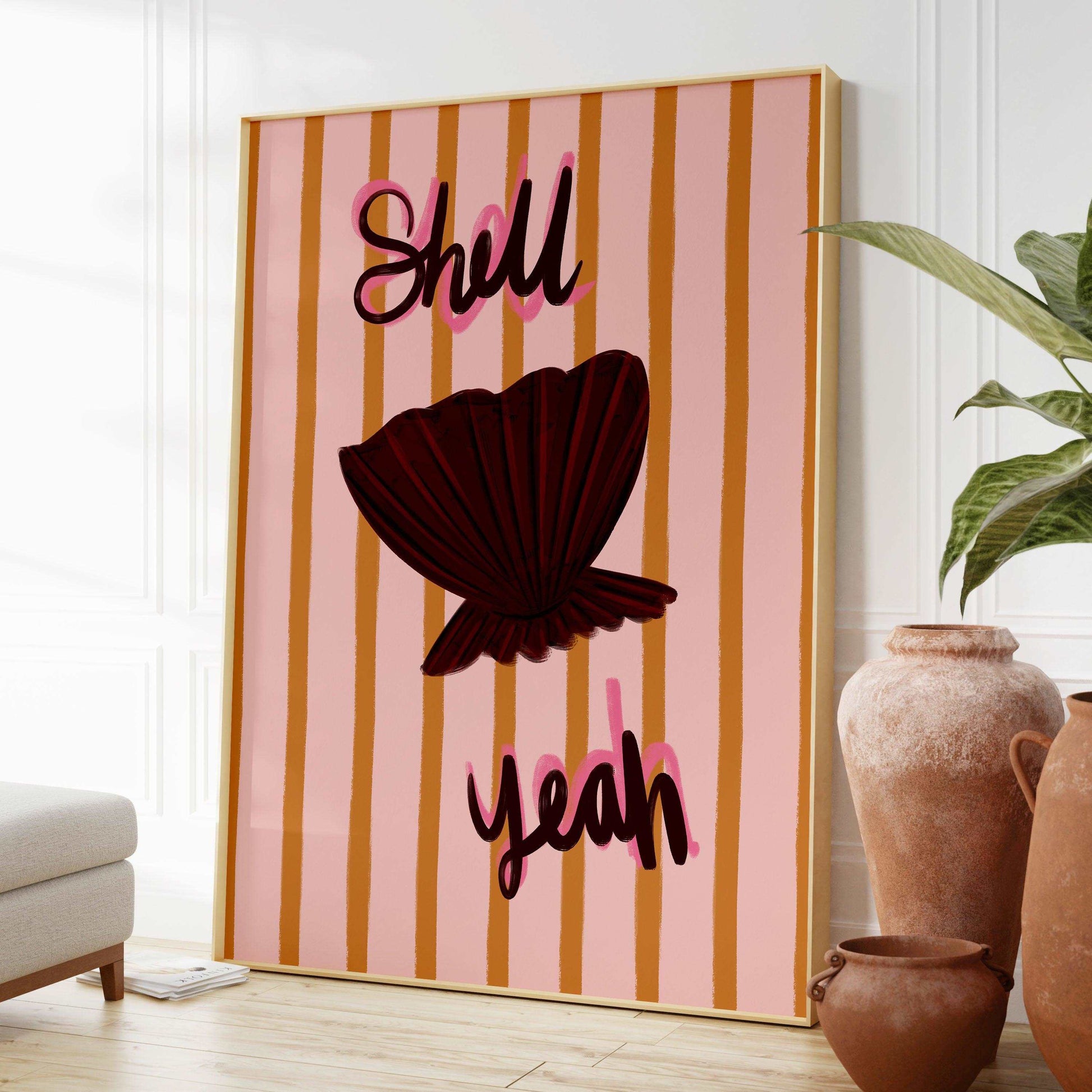 Painterly seashell art print featuring "shell yeah" handwritten text on a striped background