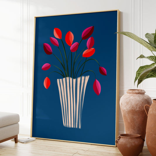 Abstract tulips large art print on a navy background