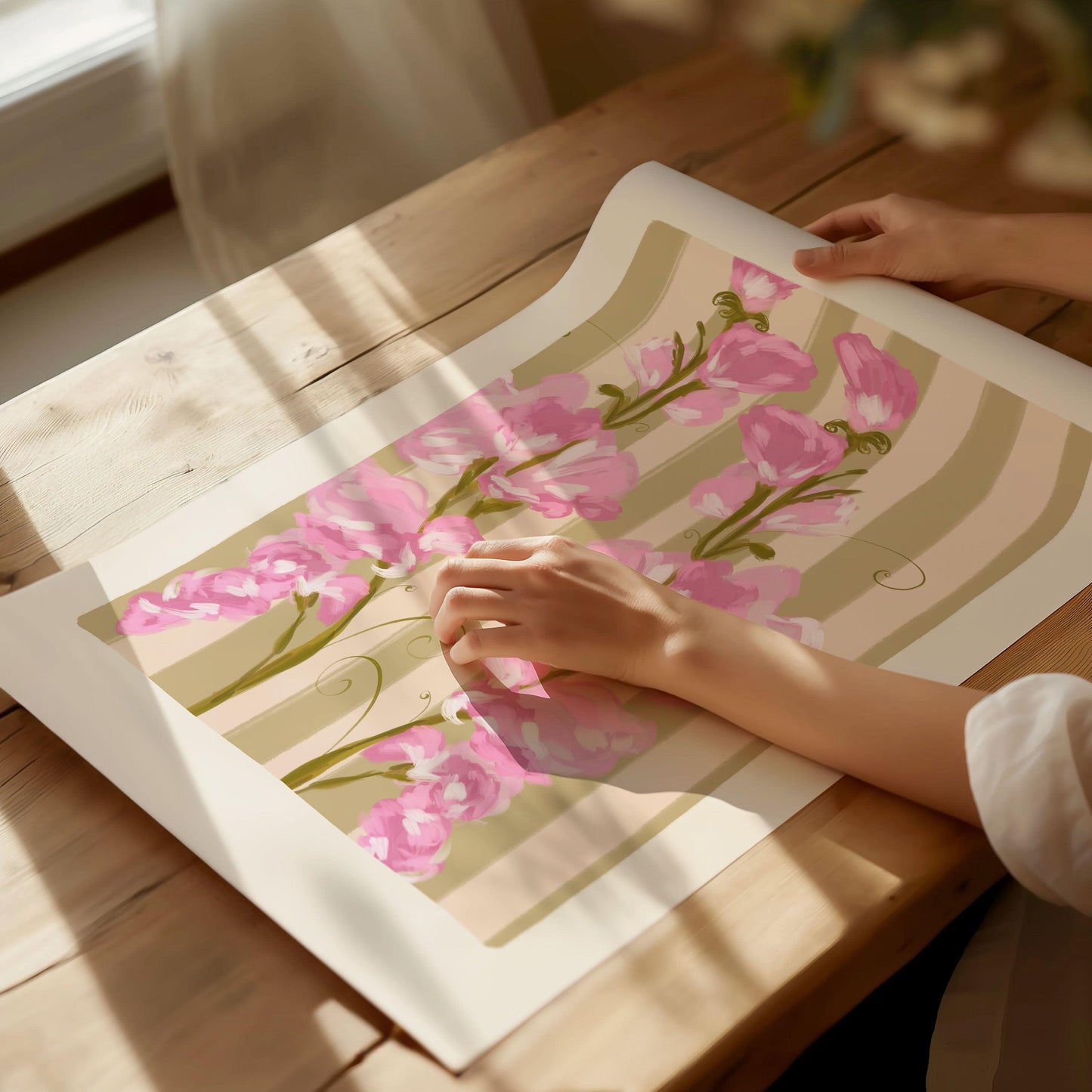 Colourful April birth flower art print featuring painted pink sweet pea flowers on a striped olive green background.