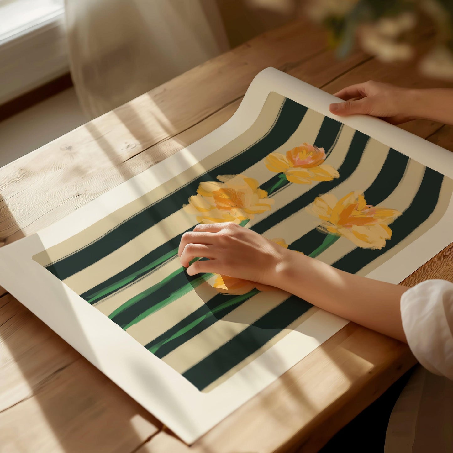 Yellow Narcissus flowers art print on a striped navy and cream background.