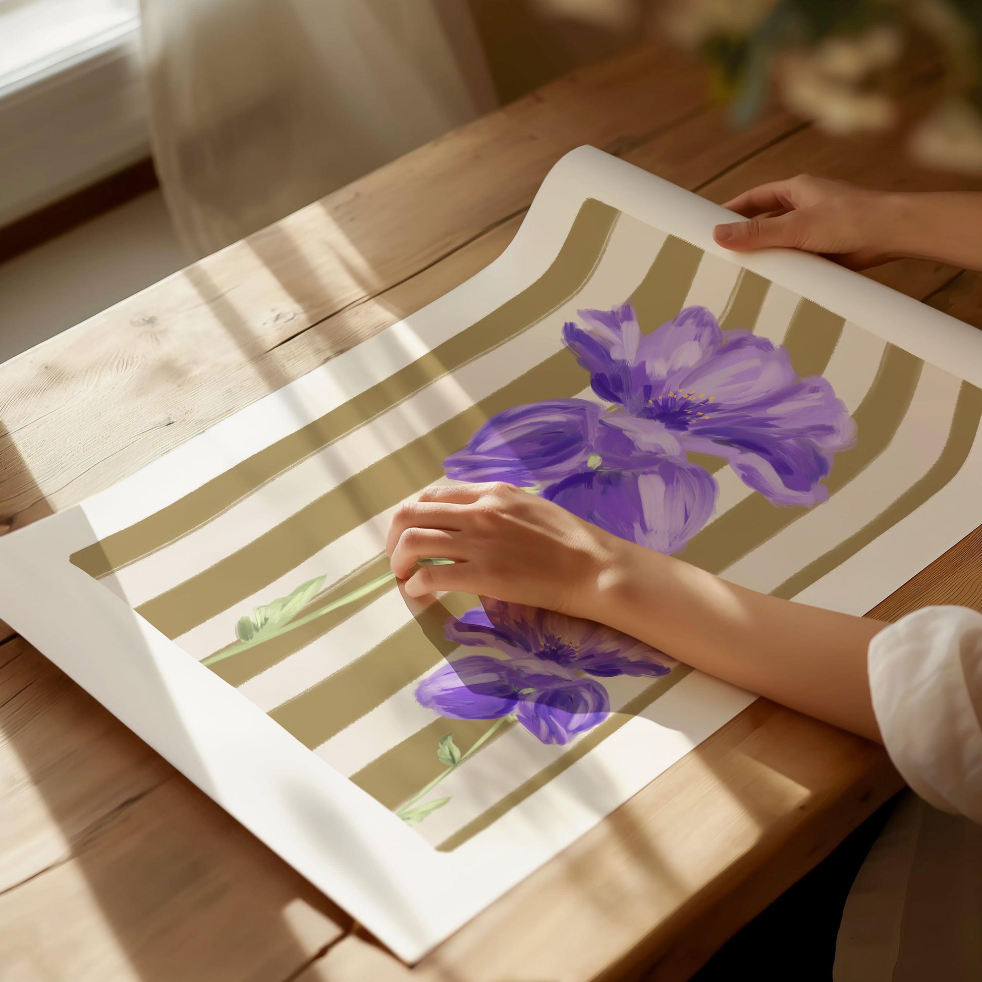 Violet flower painterly art print on a light olive and cream striped background