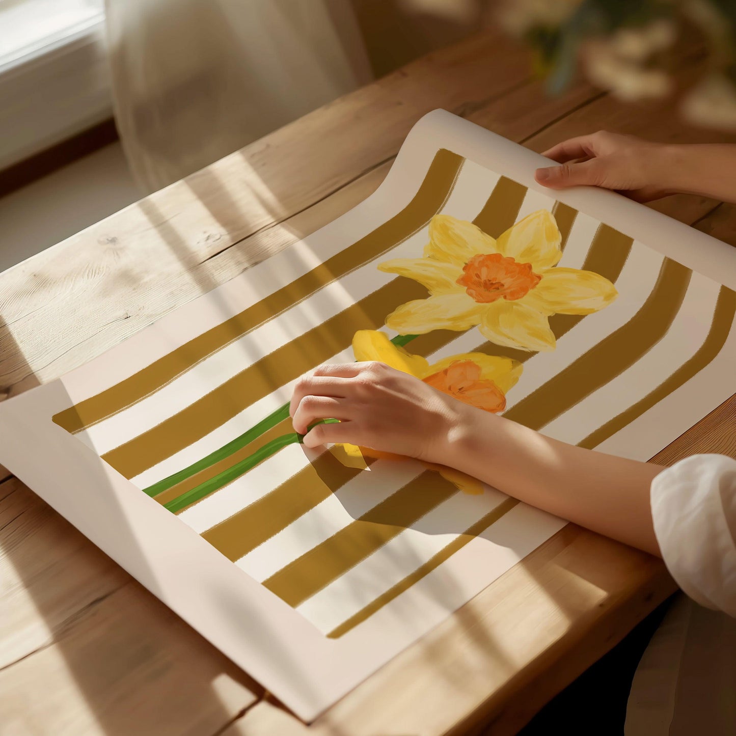 Yellow daffodils art print on a striped mocha background