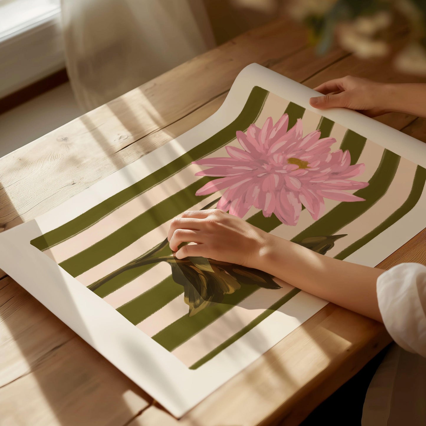 Pink Chrysanthemum flower art print on an olive green and cream striped background.