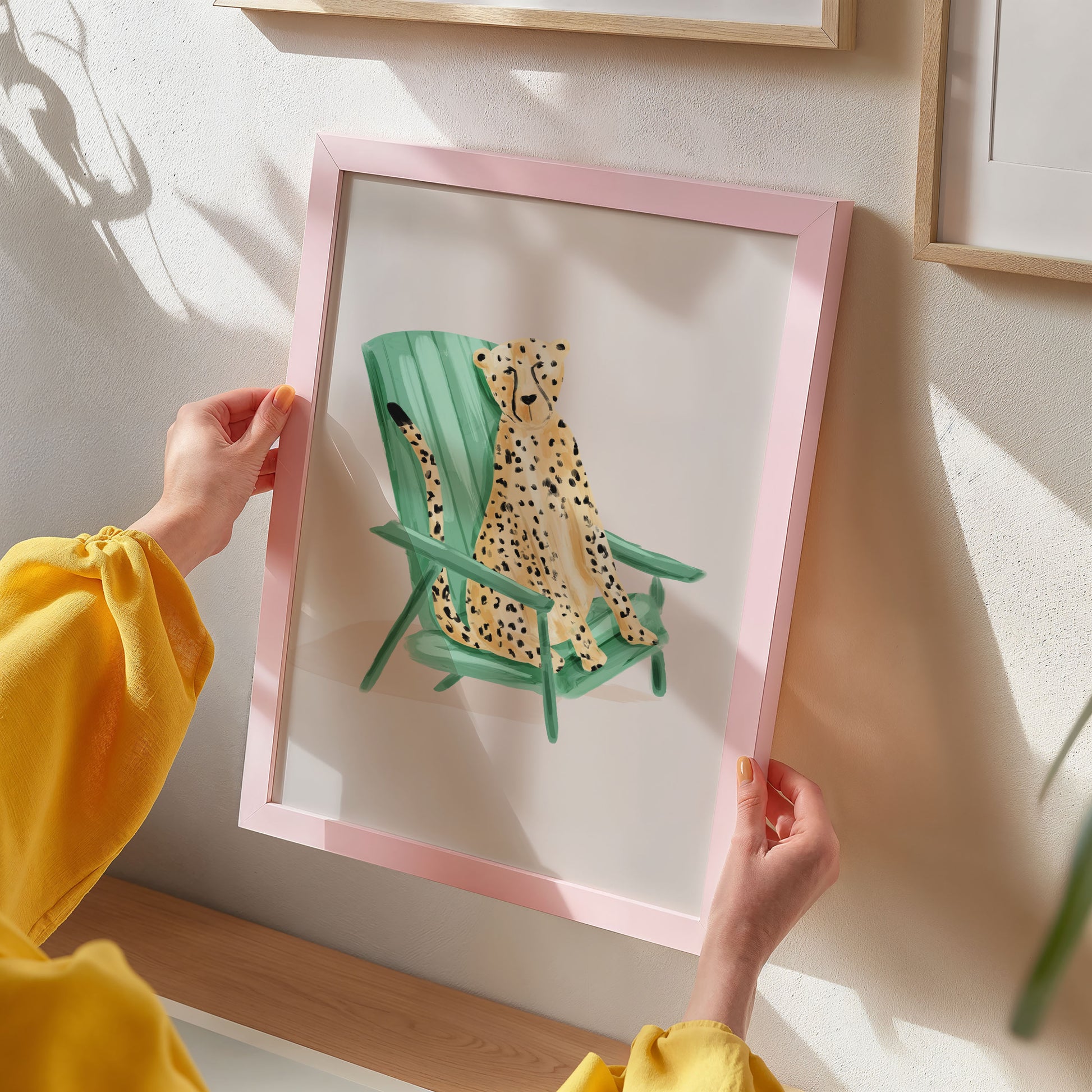 Kids art print featuring a painted leopard sitting on a mint green deck chair