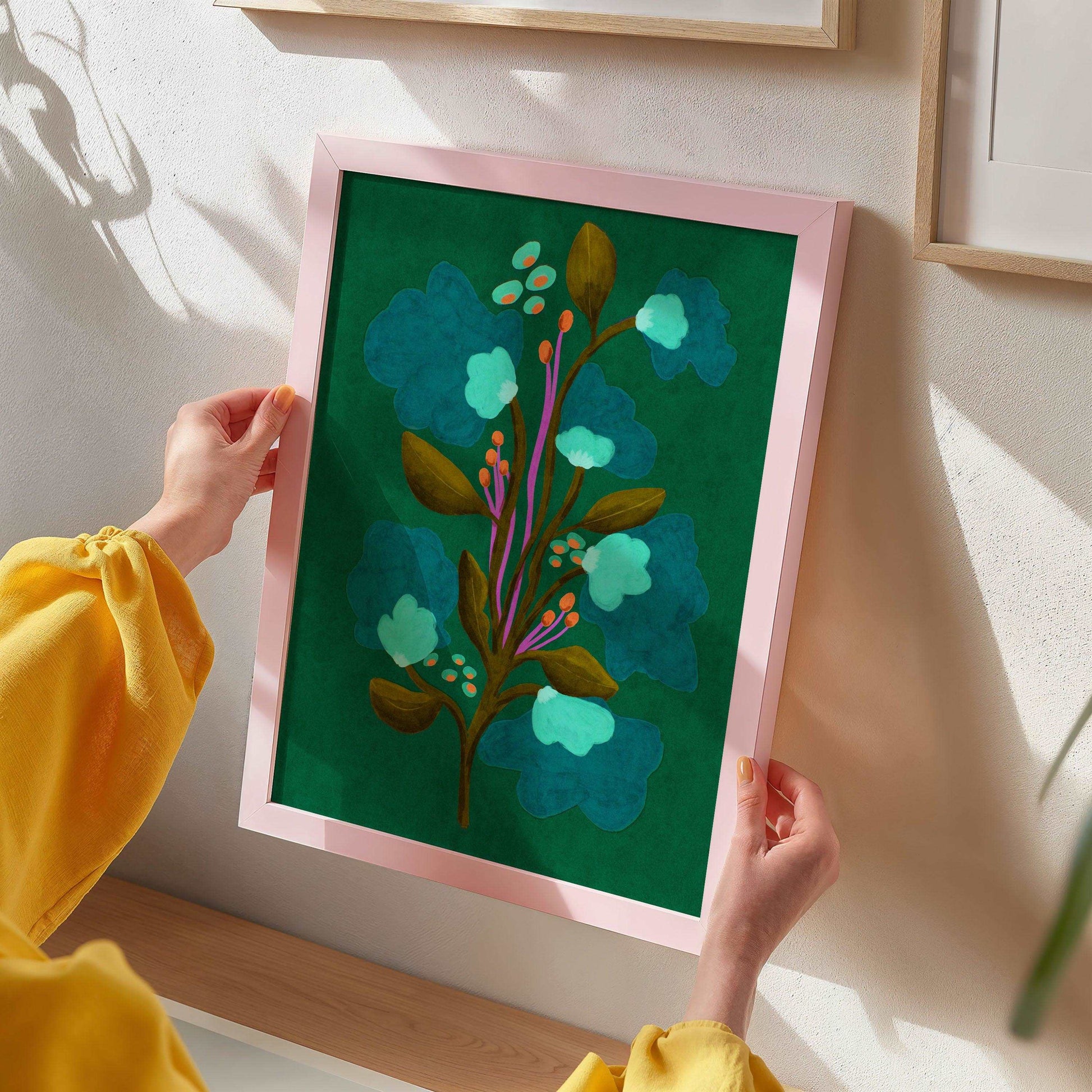 Green abstract floral art print mockup