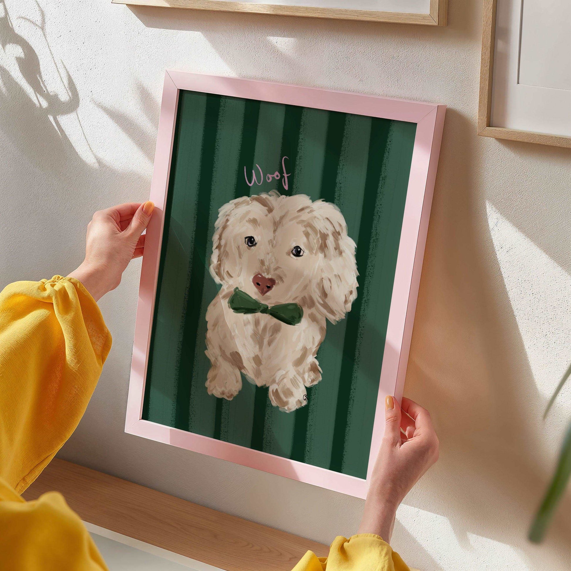 Painterly sausage dog art print with "woof" handwritten in pink on a green striped background