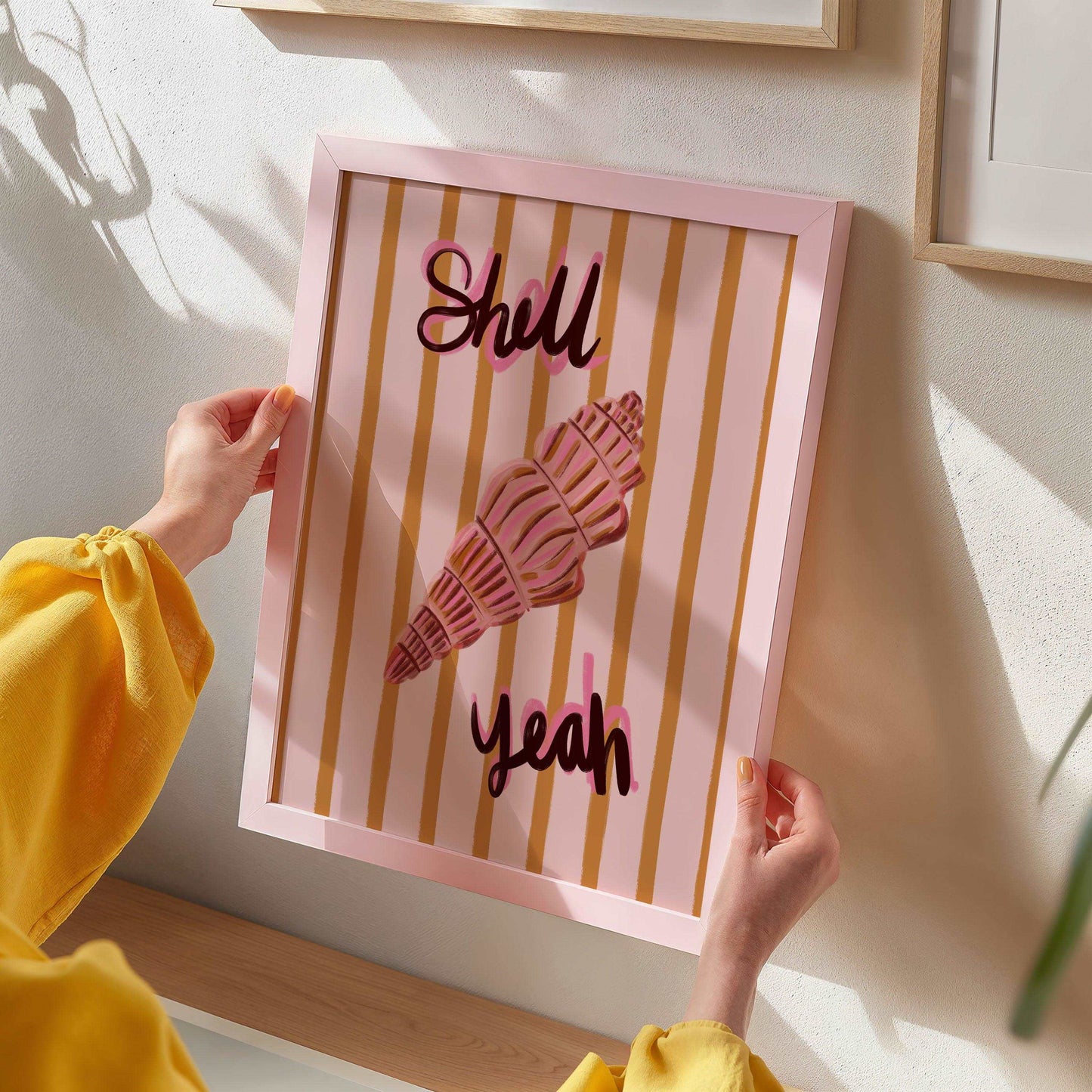 Colourful painterly shell wall art print with the words "Shell yeah" handwritten