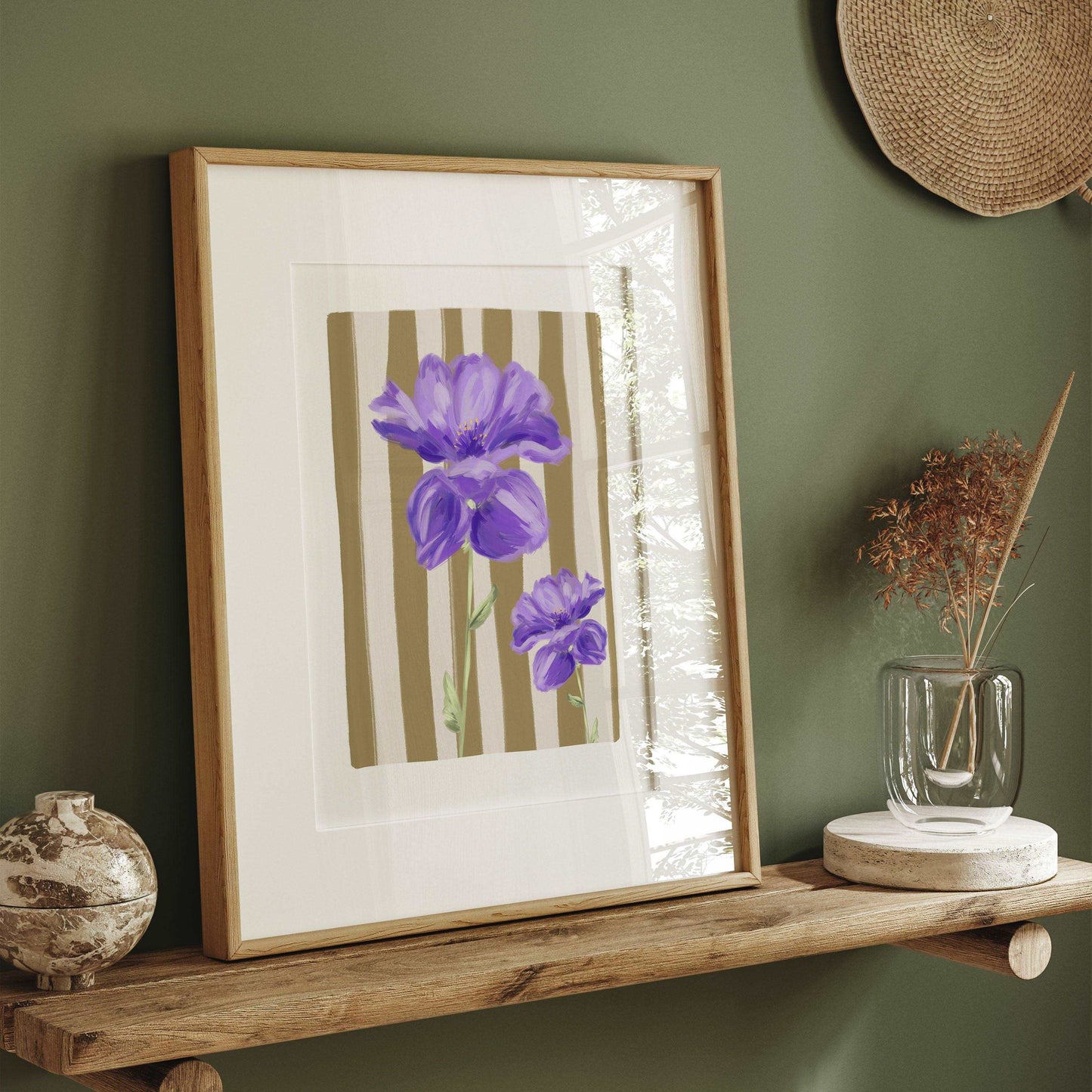 Violet flower painterly art print on a light olive and cream striped background