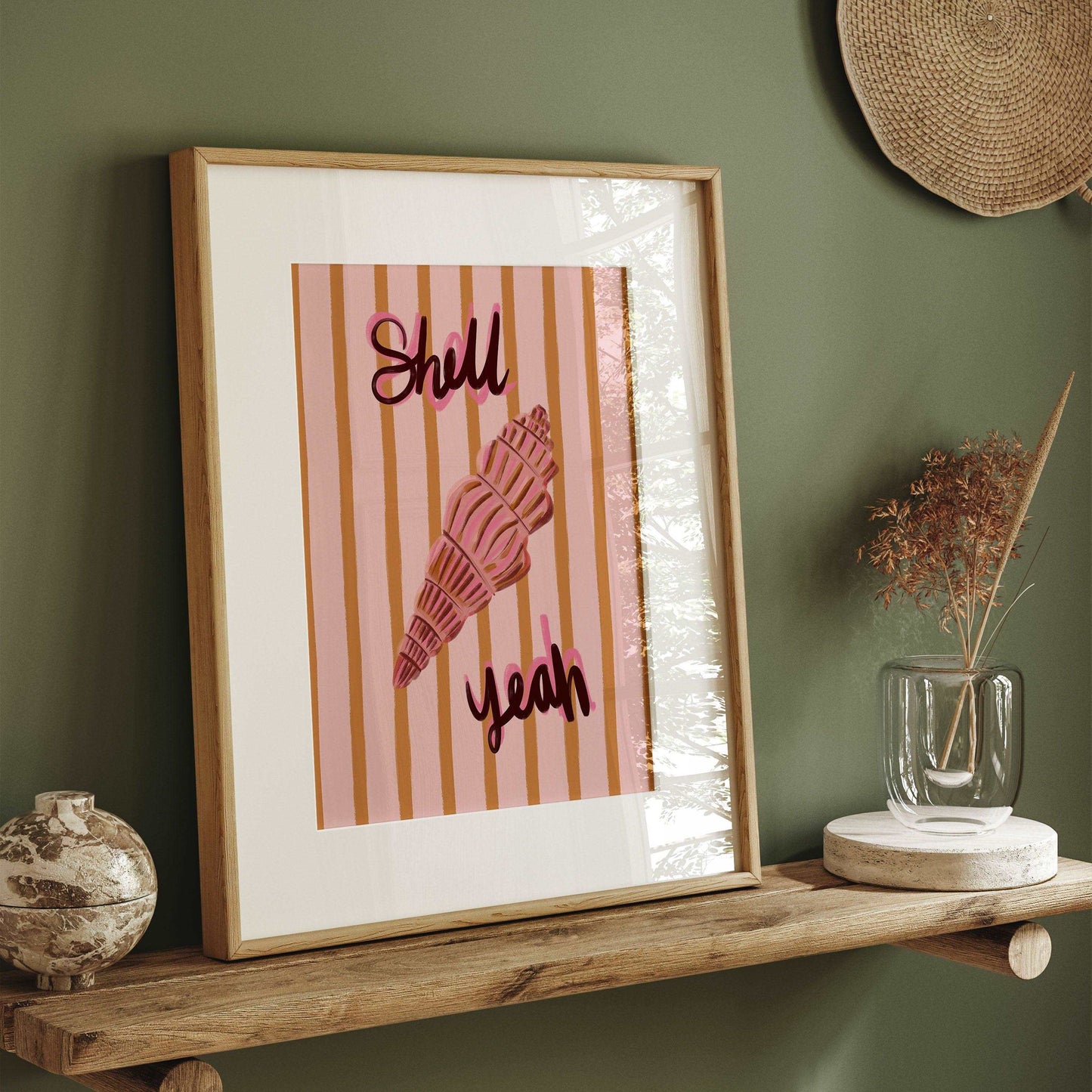 Colourful painterly shell art print with the words "Shell yeah" handwritten