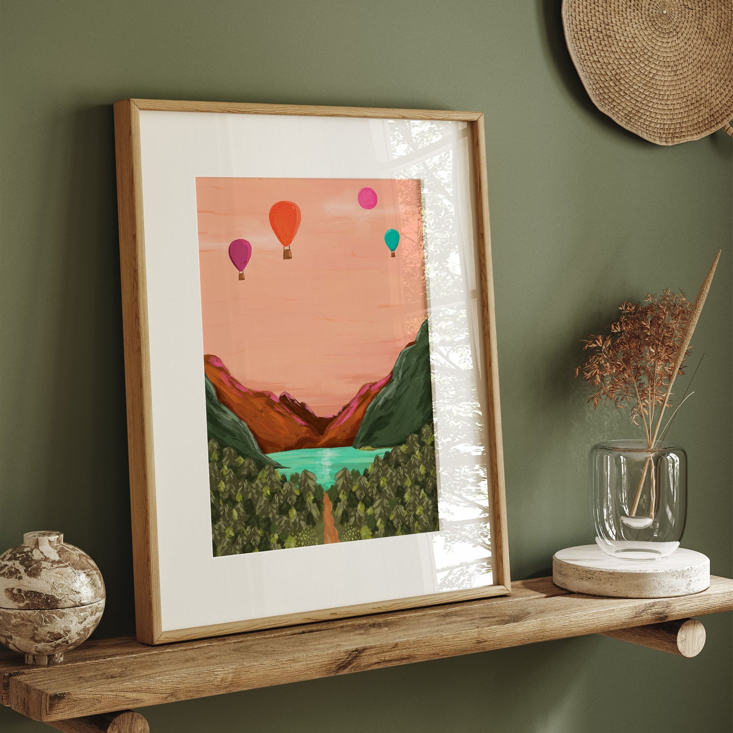 Painted valley and hot air balloons scene wall art print