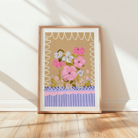 Pastel floral art print with pink and white flowers on a vintage-inspired background