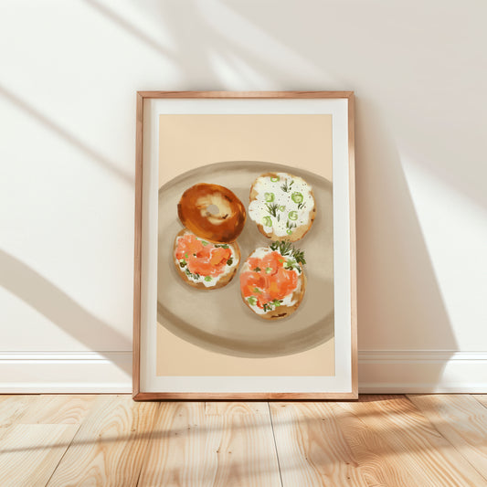 Illustrated kitchen art print of bagels with cream cheese and smoked salmon