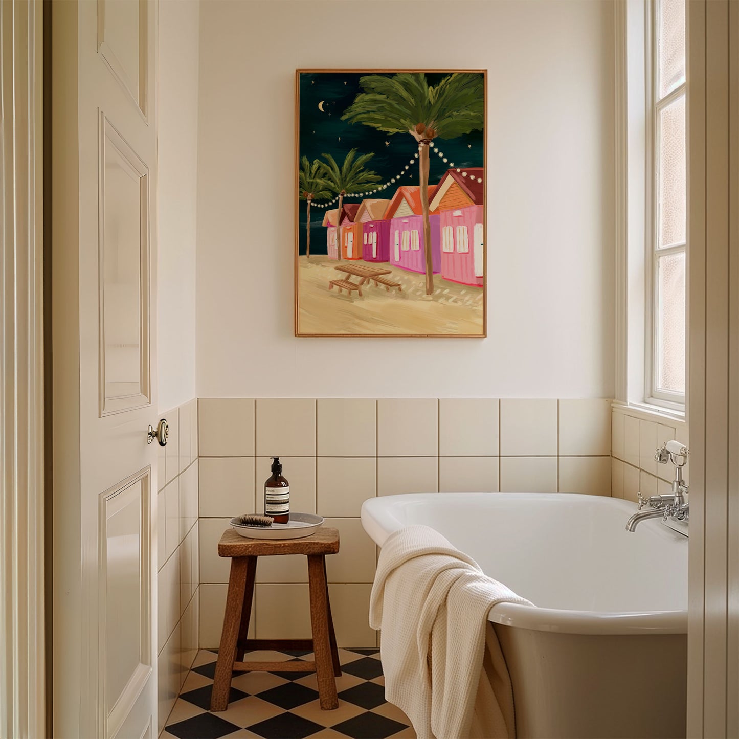 Tropical beach huts bathroom wall art print