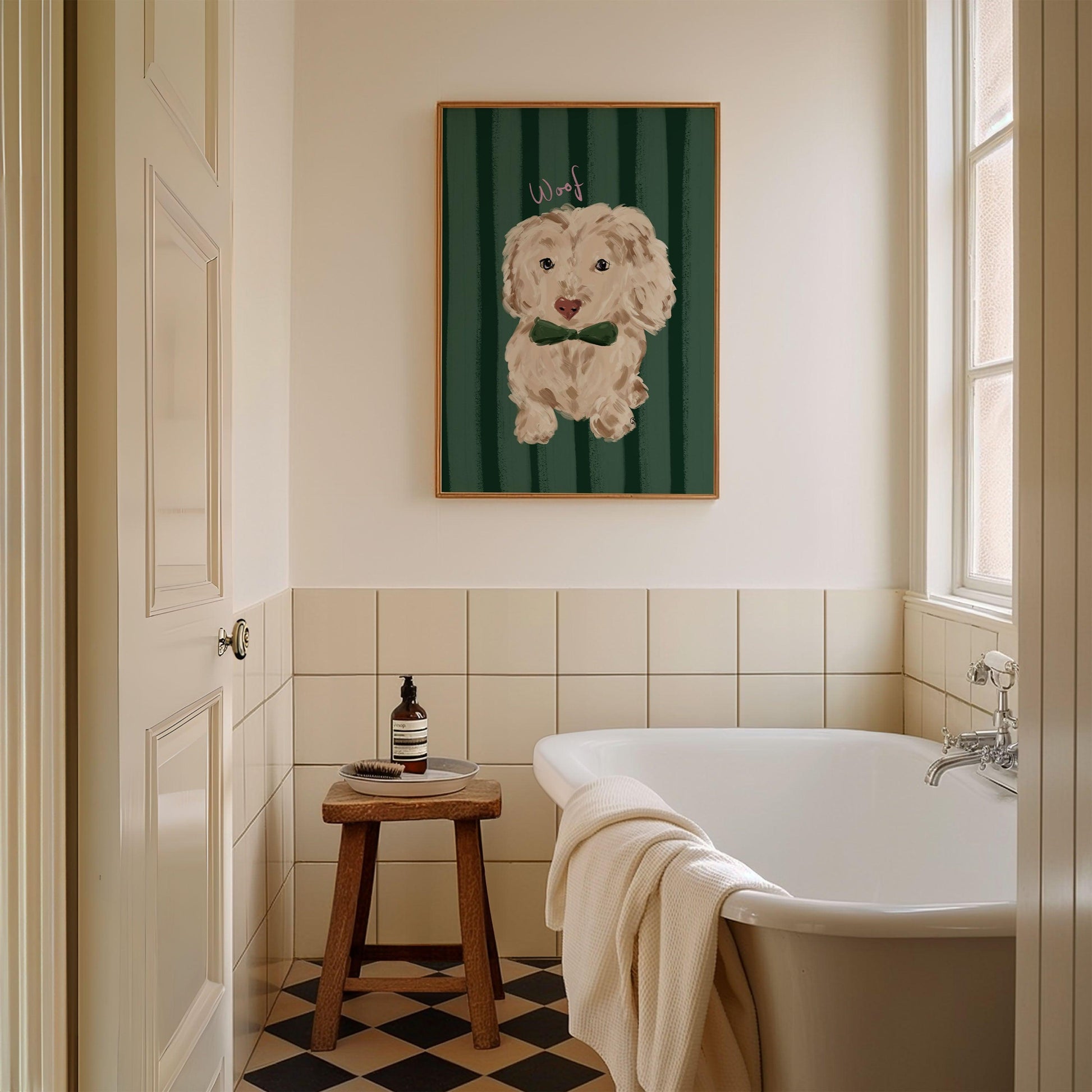 Painterly sausage dog bathroom wall art print with "woof" handwritten in pink on a green striped background