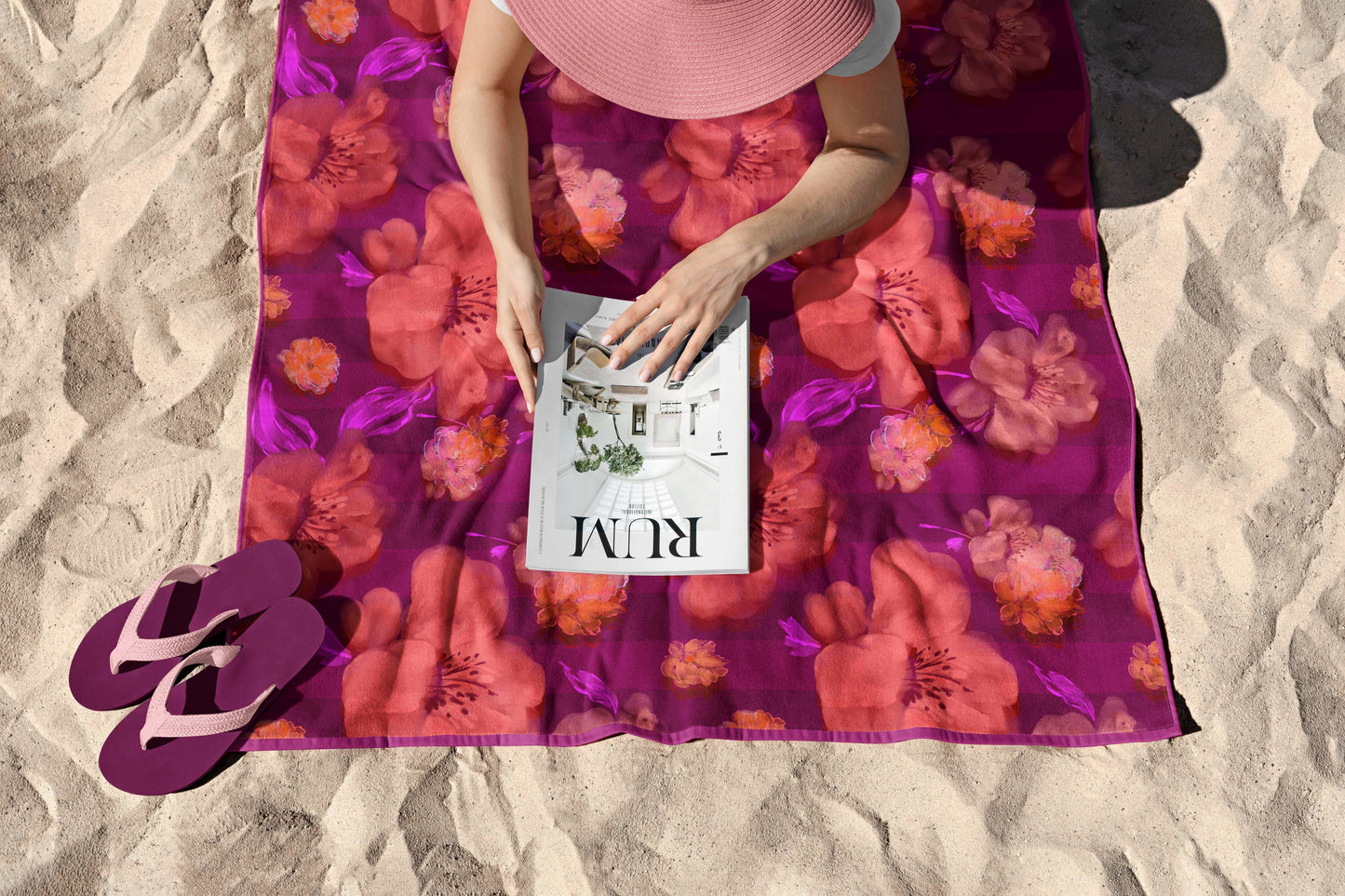 Purple and orange jungle floral striped beach towel print