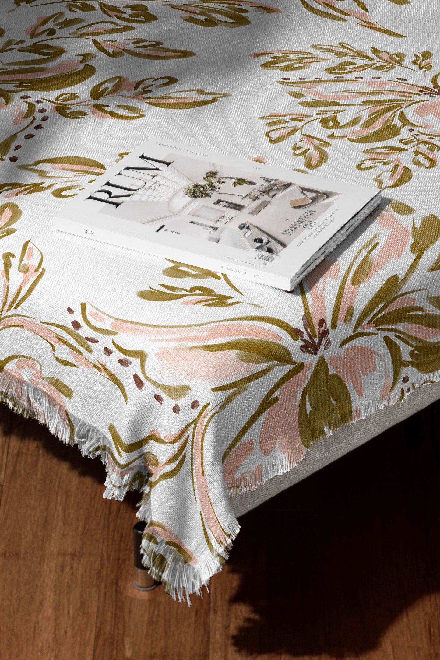 White, olive and nude tropical flowers bed coverlet pattern