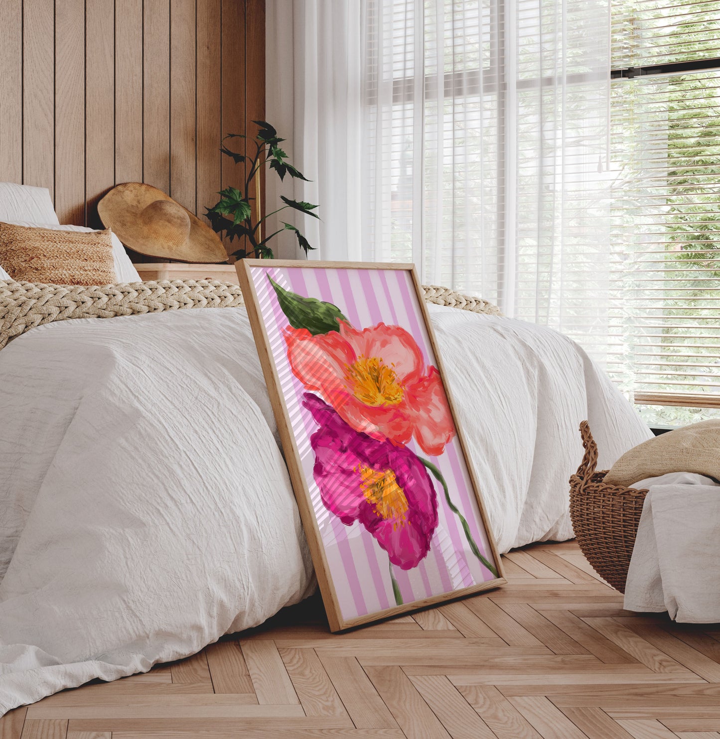 Bold flower wall art on striped background