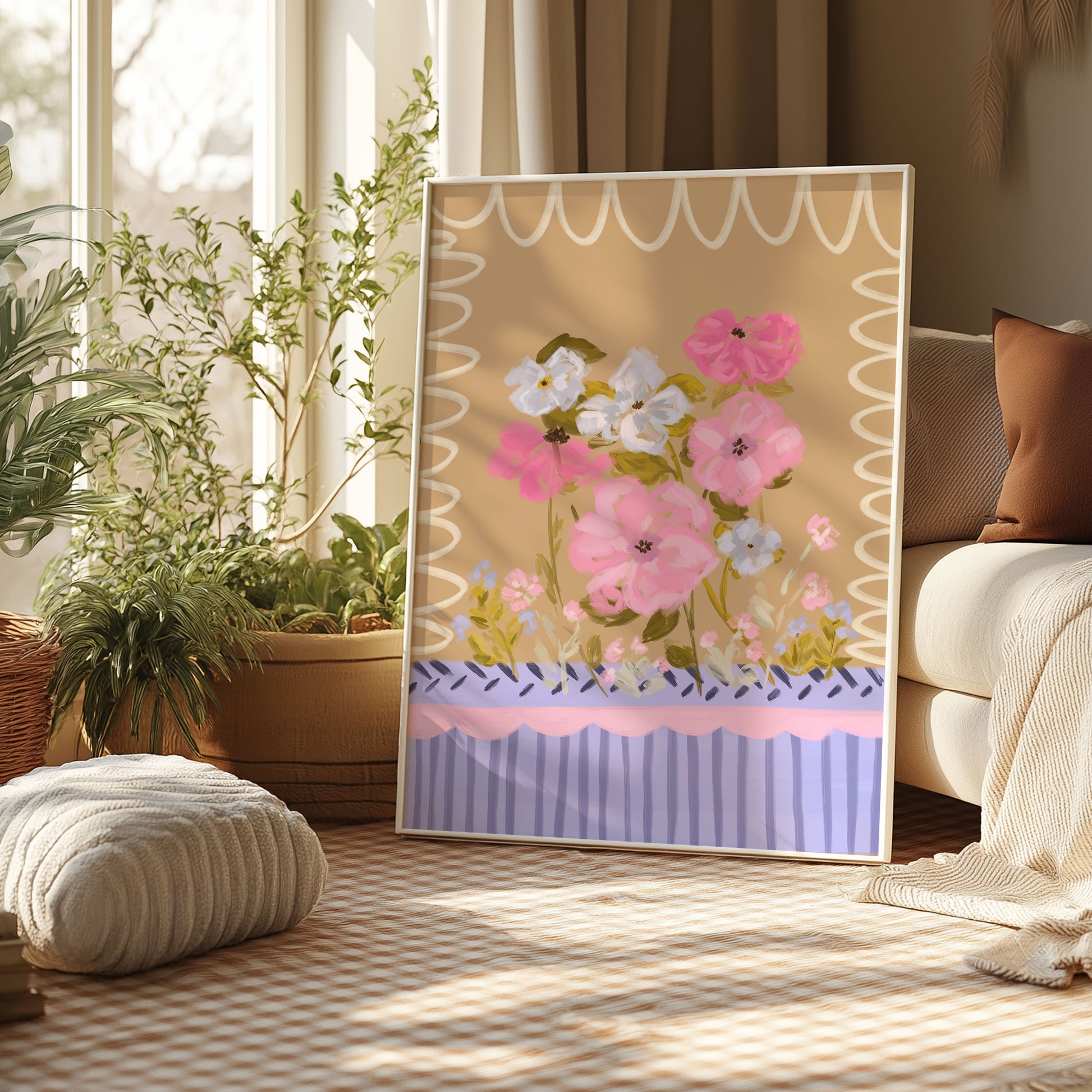 Romantic botanical wall art featuring delicate pastel flowers in soft tones