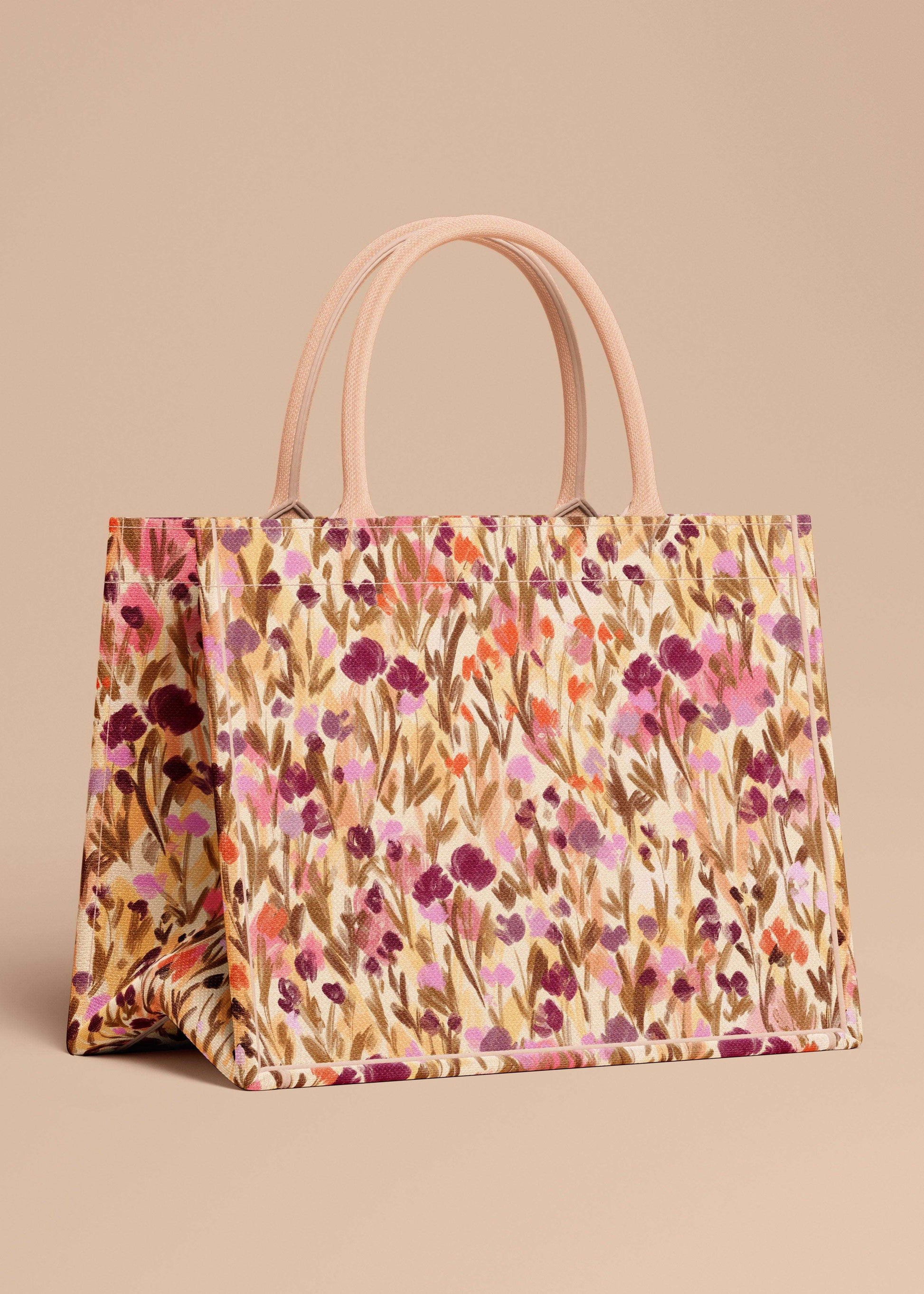 Ditsy floral pattern design on a canvas tote bag