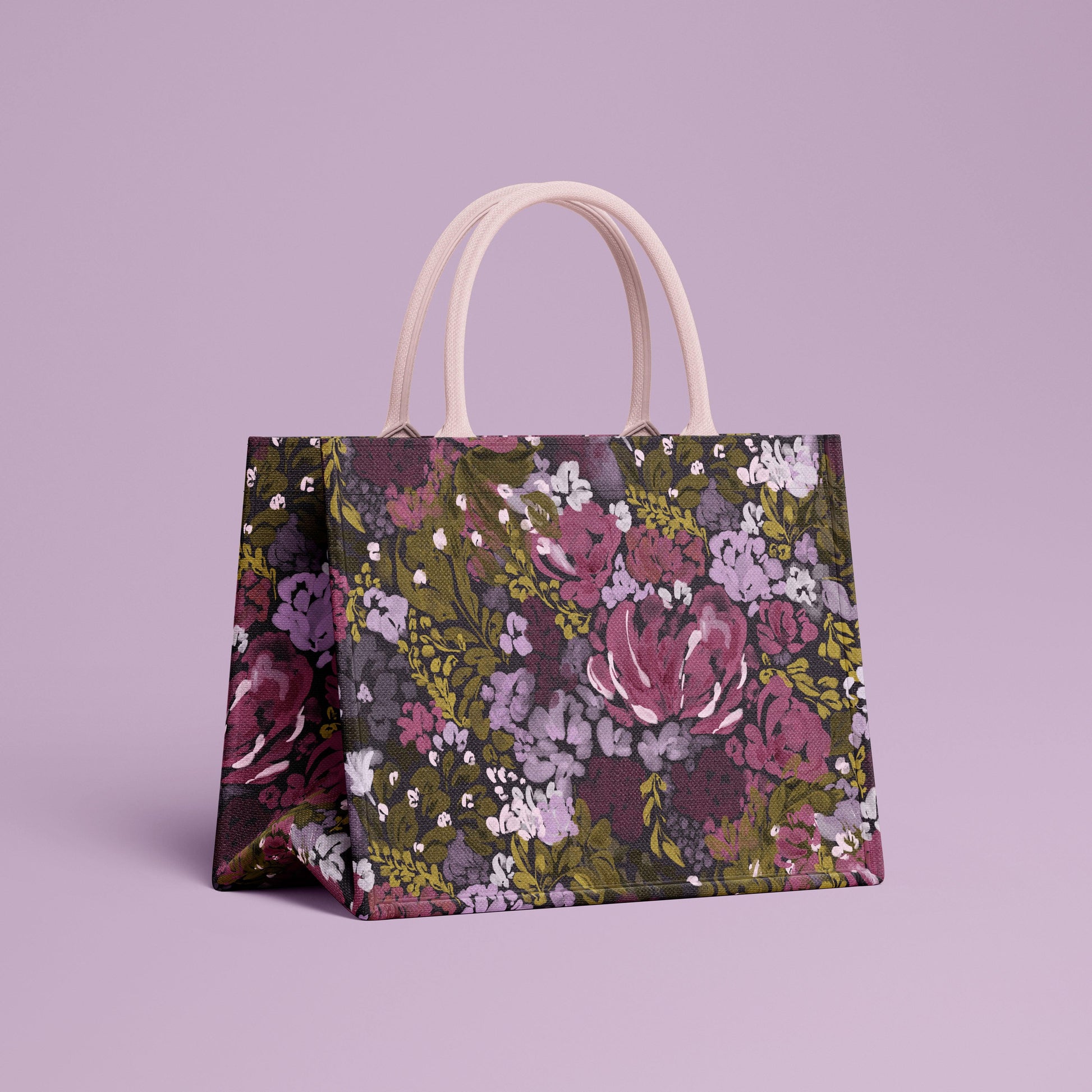 Winter botanical fabric pattern on a canvas tote bag