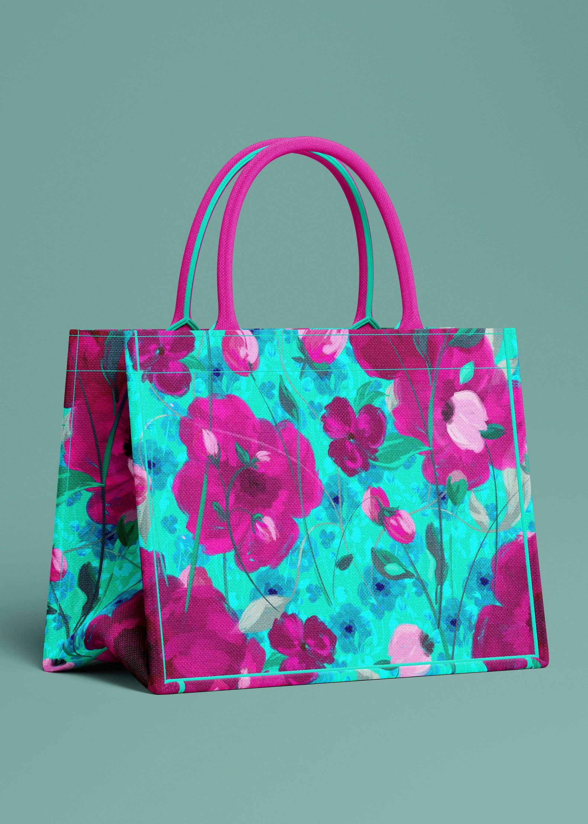 Fuchsia pink floral print on a tote bag