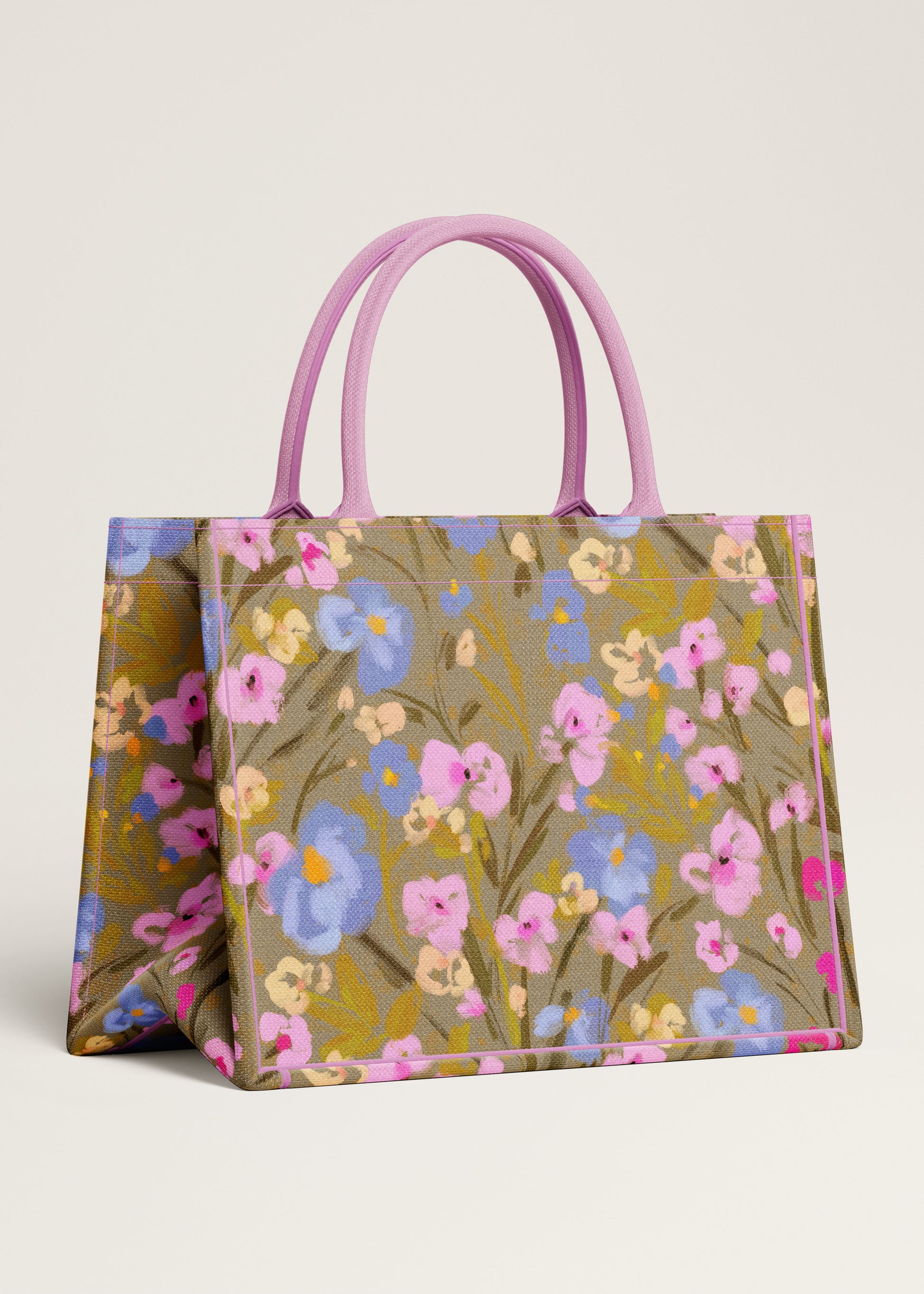 Khaki green, blue, pink and yellow ditsy floral canvas tote bag design