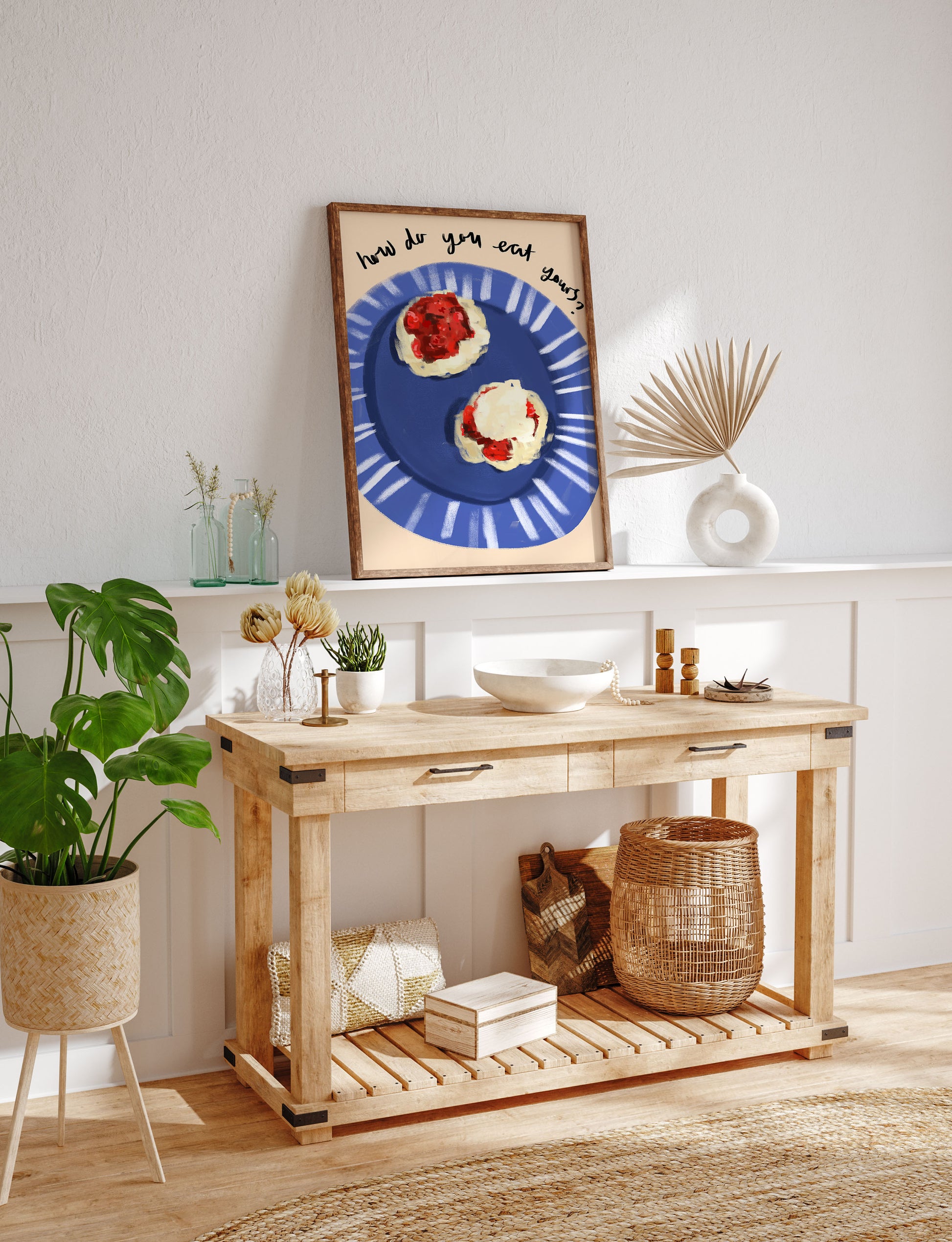 Colourful scone-themed artwork on a bold blue plate for kitchen décor.