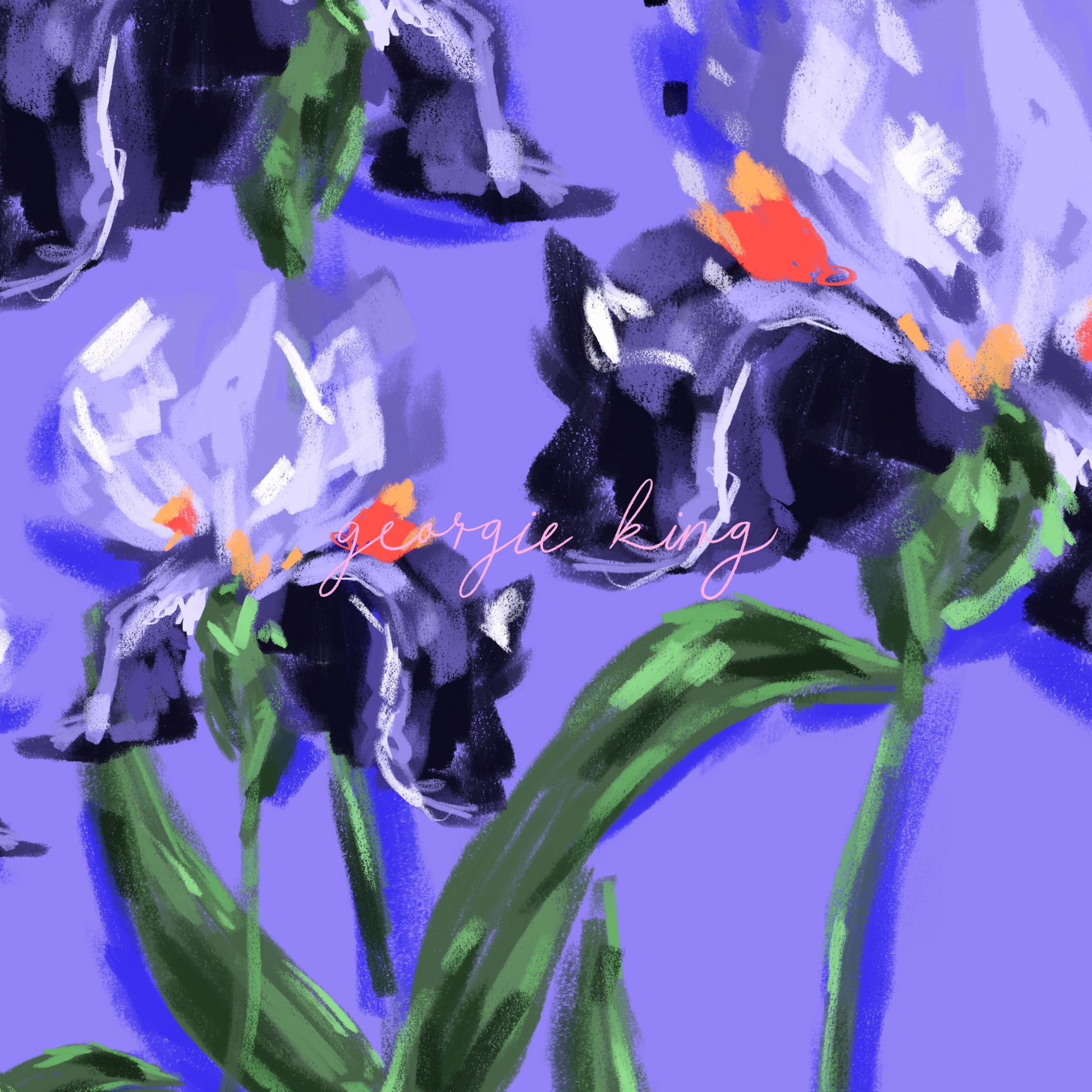 Modern floral art print with a striking purple iris, perfect for UK home decoration.