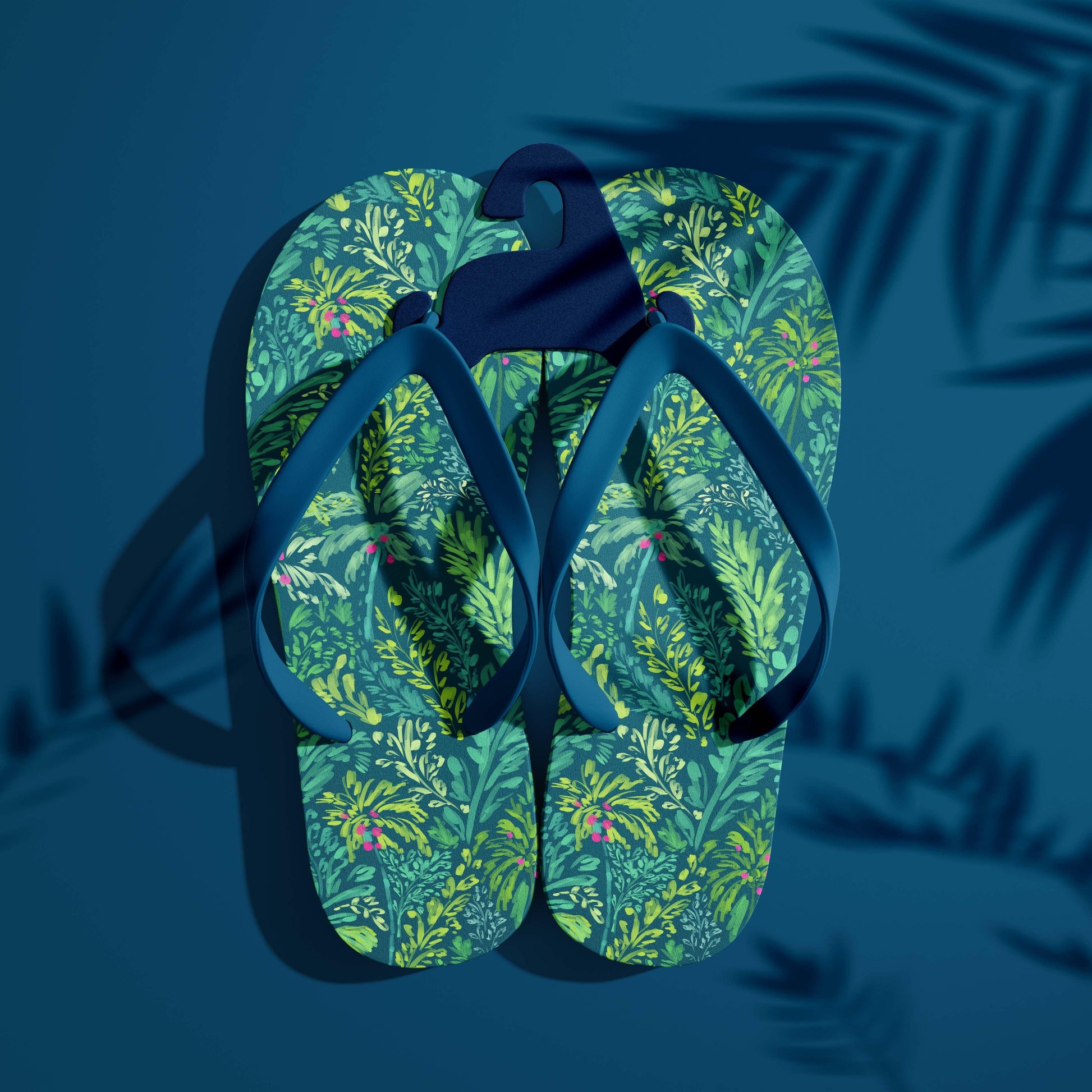 Whimsical palm trees surface pattern design on a pair of flipflops