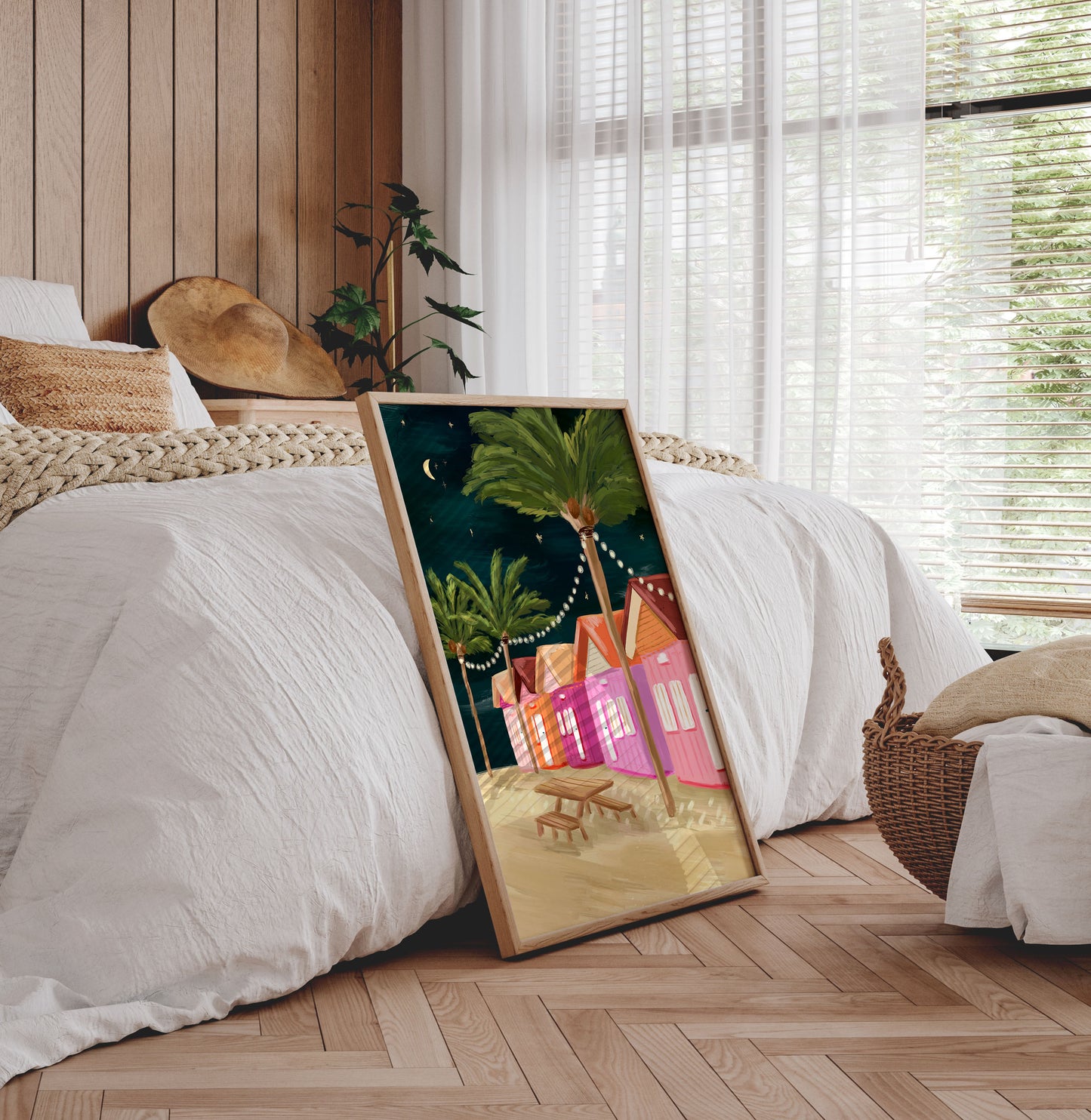 Tropical beach huts wall art print for bedroom