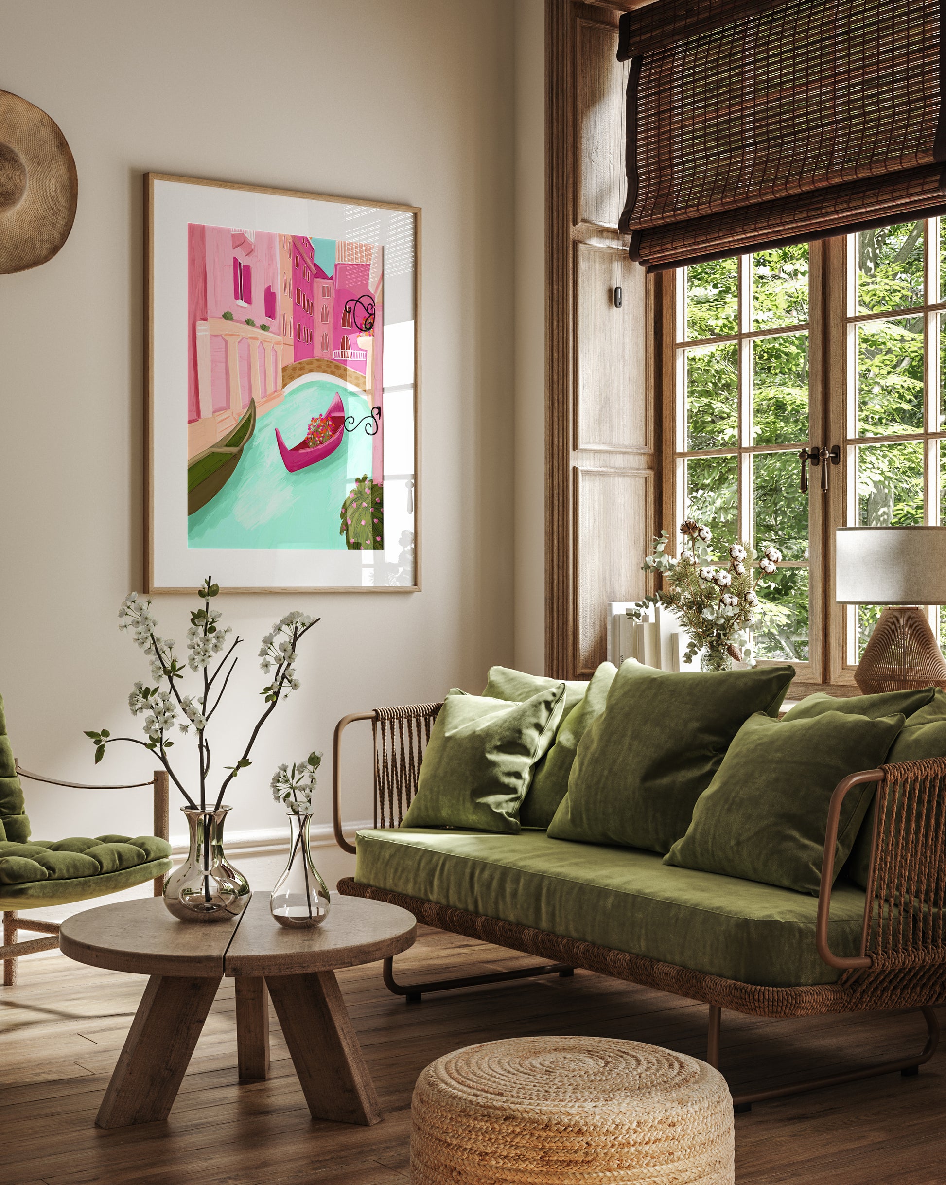 Venice art print of a colourful canal with pink buildings, a turquoise waterway, and a magenta flower-filled gondola.