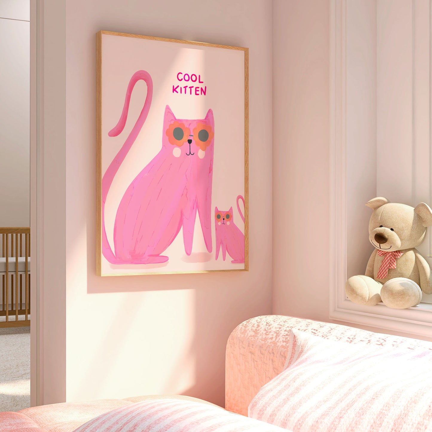 Pink cat "cool kitten" kids nursery art print