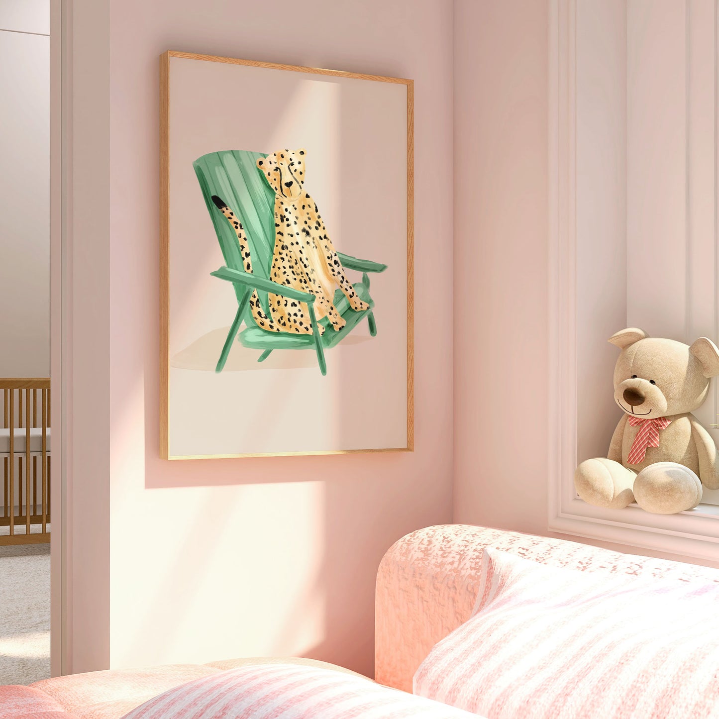 Kids art print featuring a painted leopard sitting on a mint green deck chair