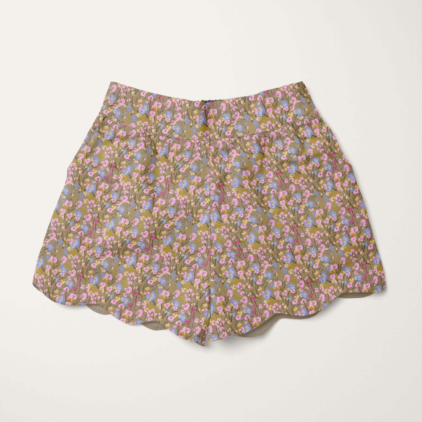 Khaki green, blue, pink and yellow ditsy floral shorts pattern design